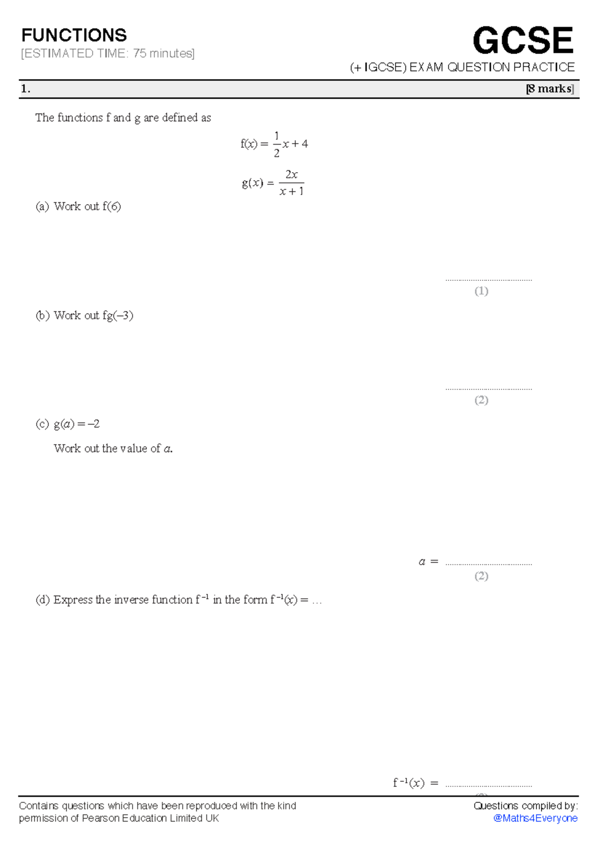Functions practice questions - FUNCTIONS [ESTIMATED TIME: 75 minutes ...