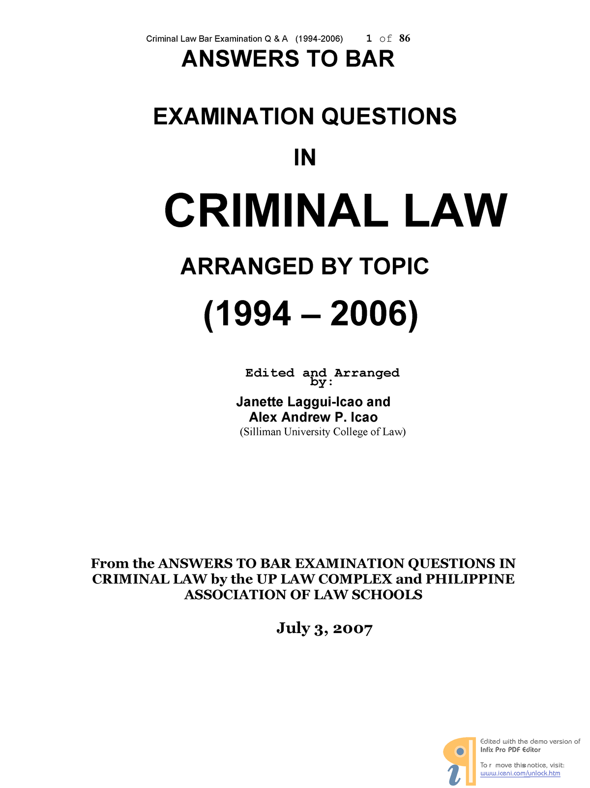 Answers TO BAR Examination Questions IN ANSWERS TO BAR Criminal Law