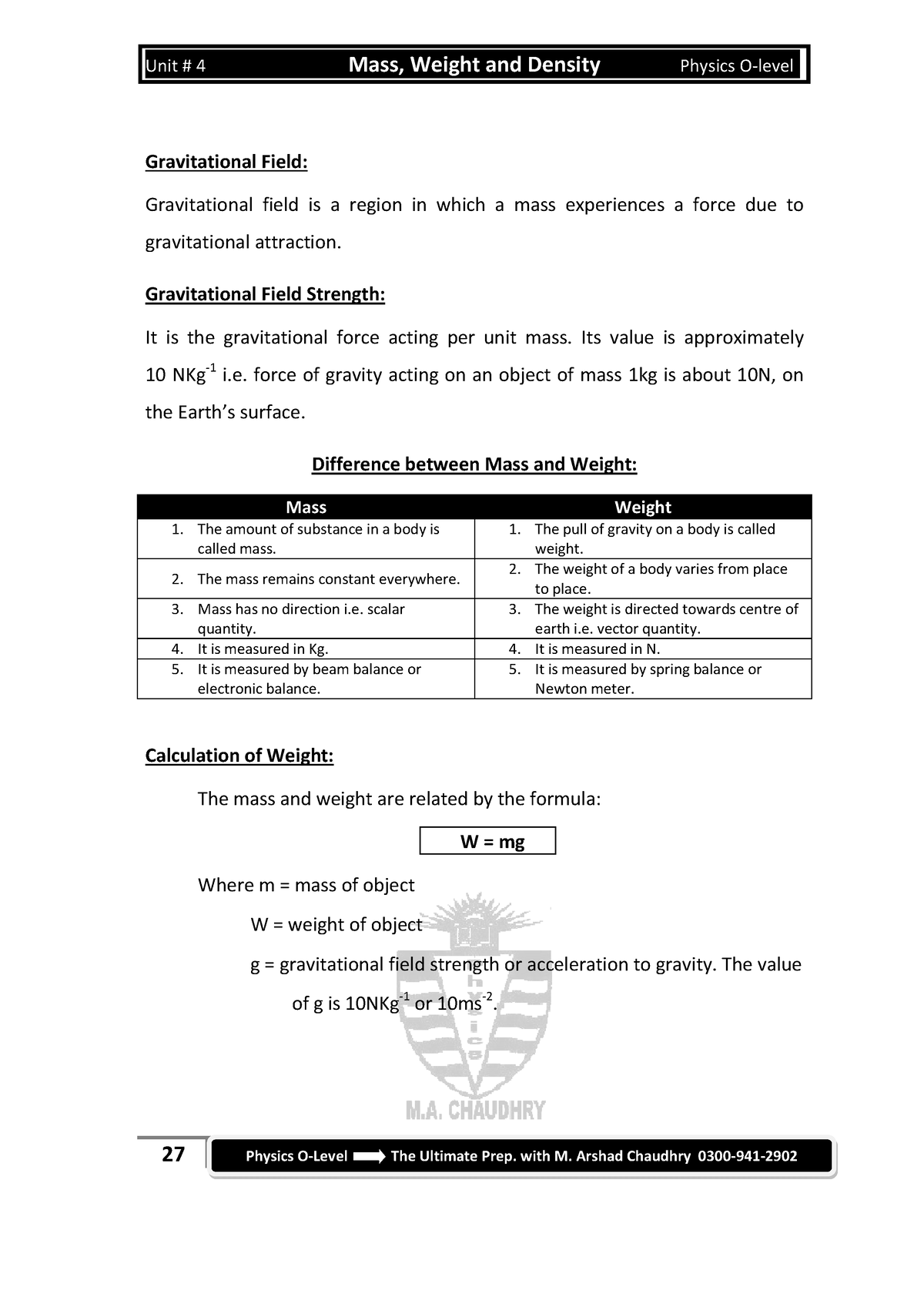 Mass Weight And Density Notes Gravitational Field Gravitational