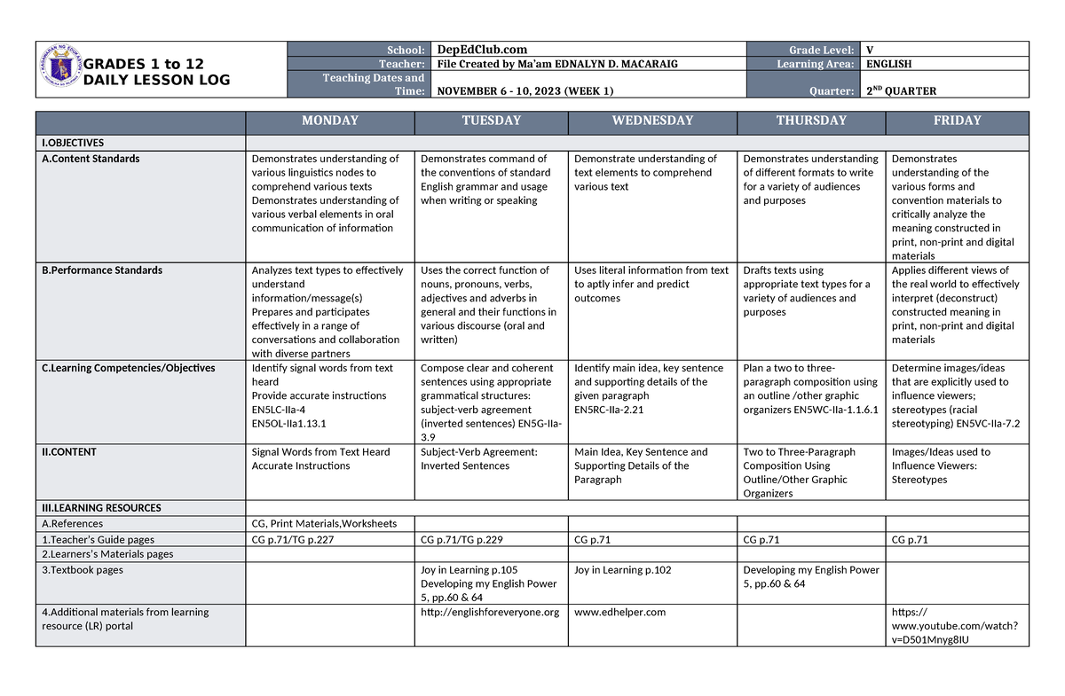 DLL English 5 Q2 W1 - Study notes,lectures - GRADES 1 to 12 DAILY ...