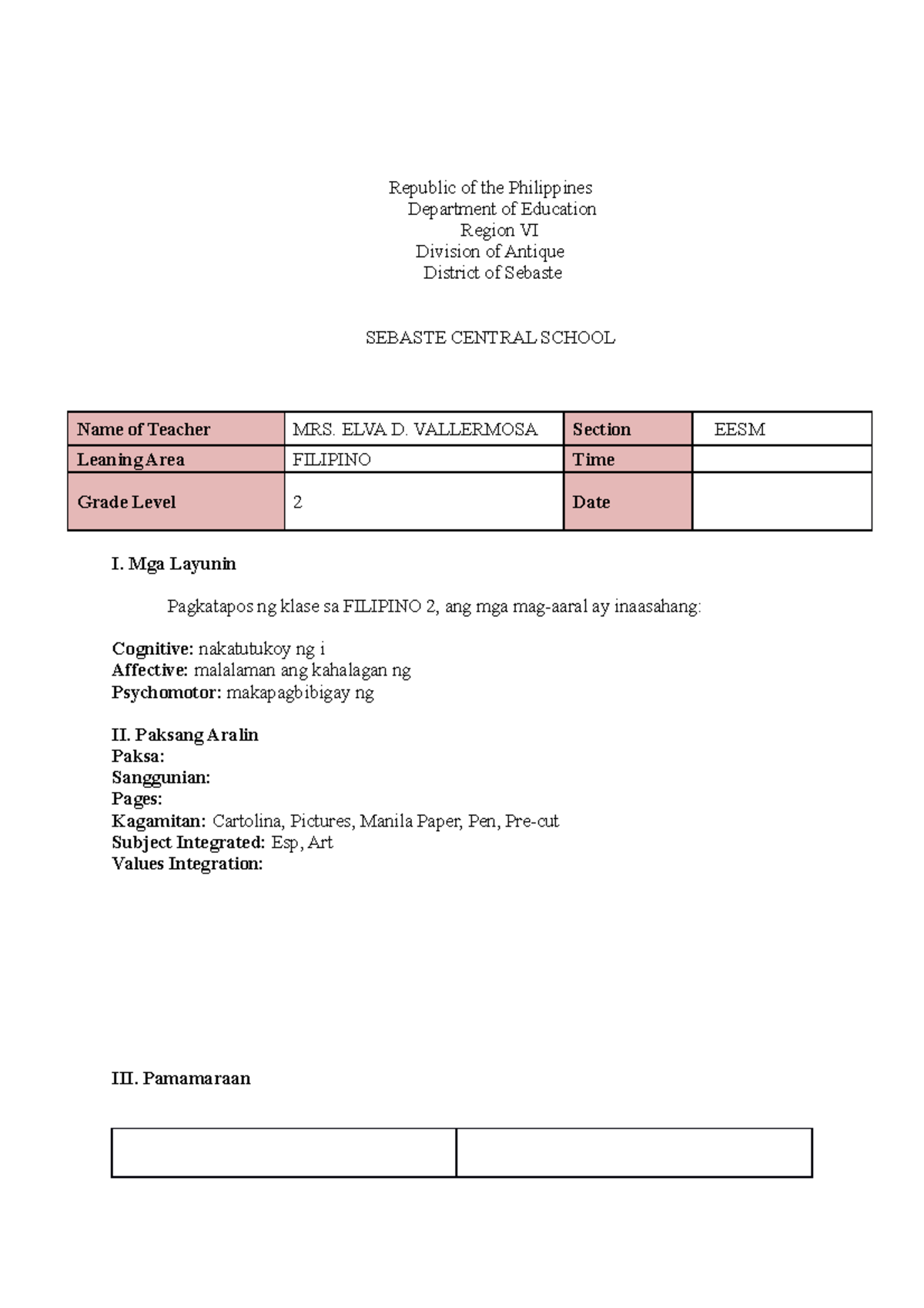 LP in Filipino Example of lesson plan Republic of the Philippines
