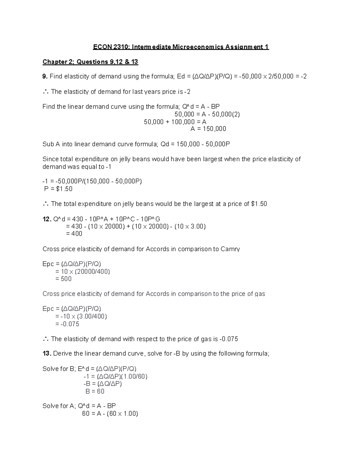 ECON 2310 Assignment 1 - ECON 2310: Intermediate Microeconomics ...