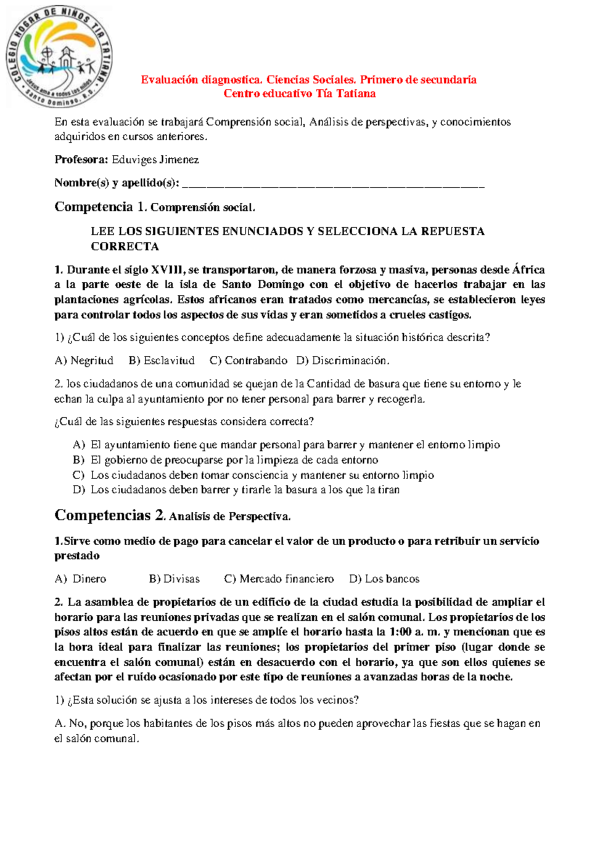 Evaluación Diagnostica De 1ro De Secundaria Evaluación Diagnostica Ciencias Sociales Primero 4651