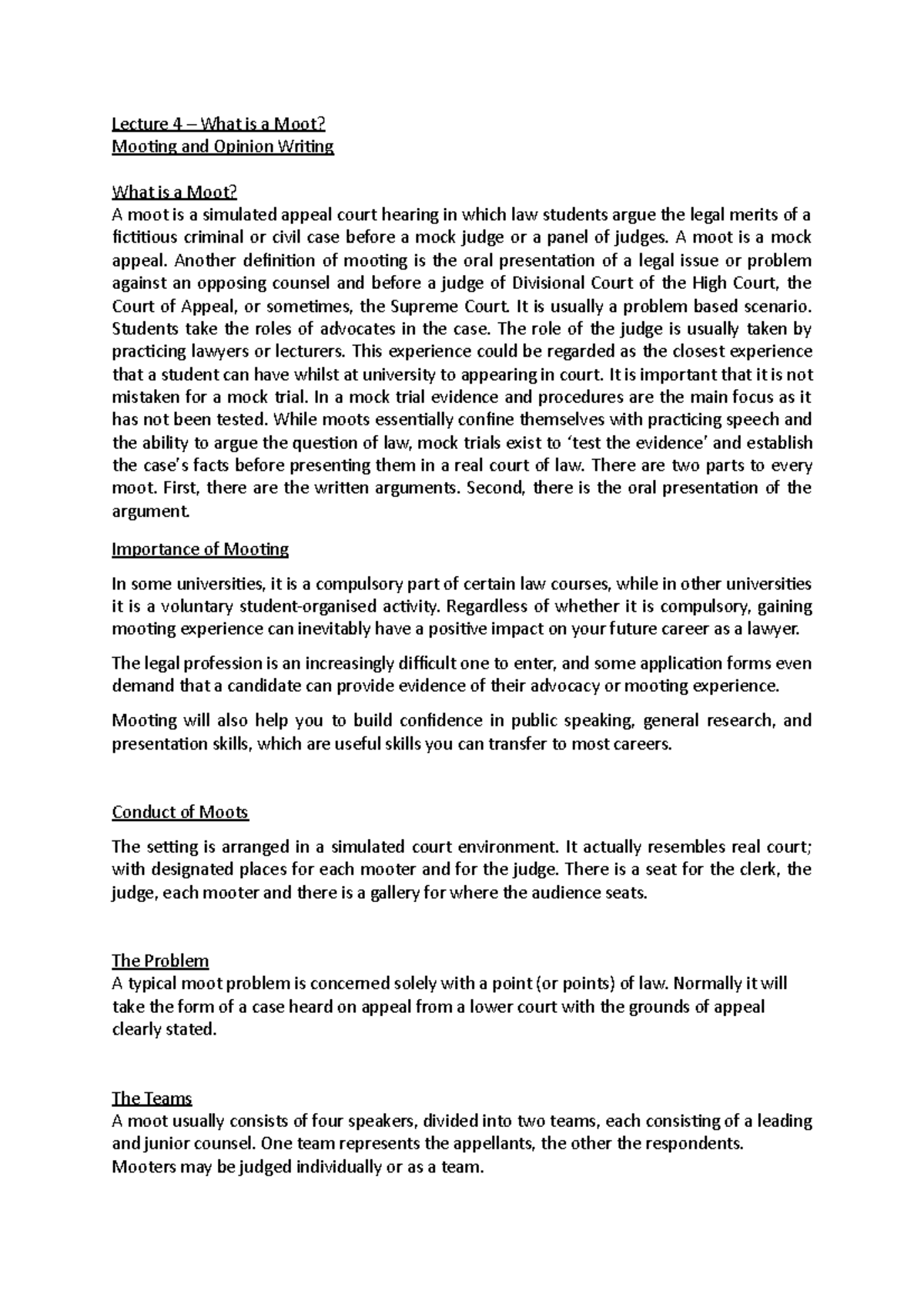 Lecture 4 What is a Moot Lecture 4 What is a Moot? Mooting and