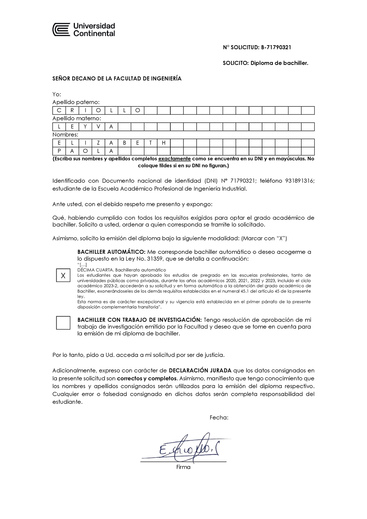 71790321 - Ddd - N∞ SOLICITUD: B- SOLICITO: Diploma De Bachiller. SE—OR ...