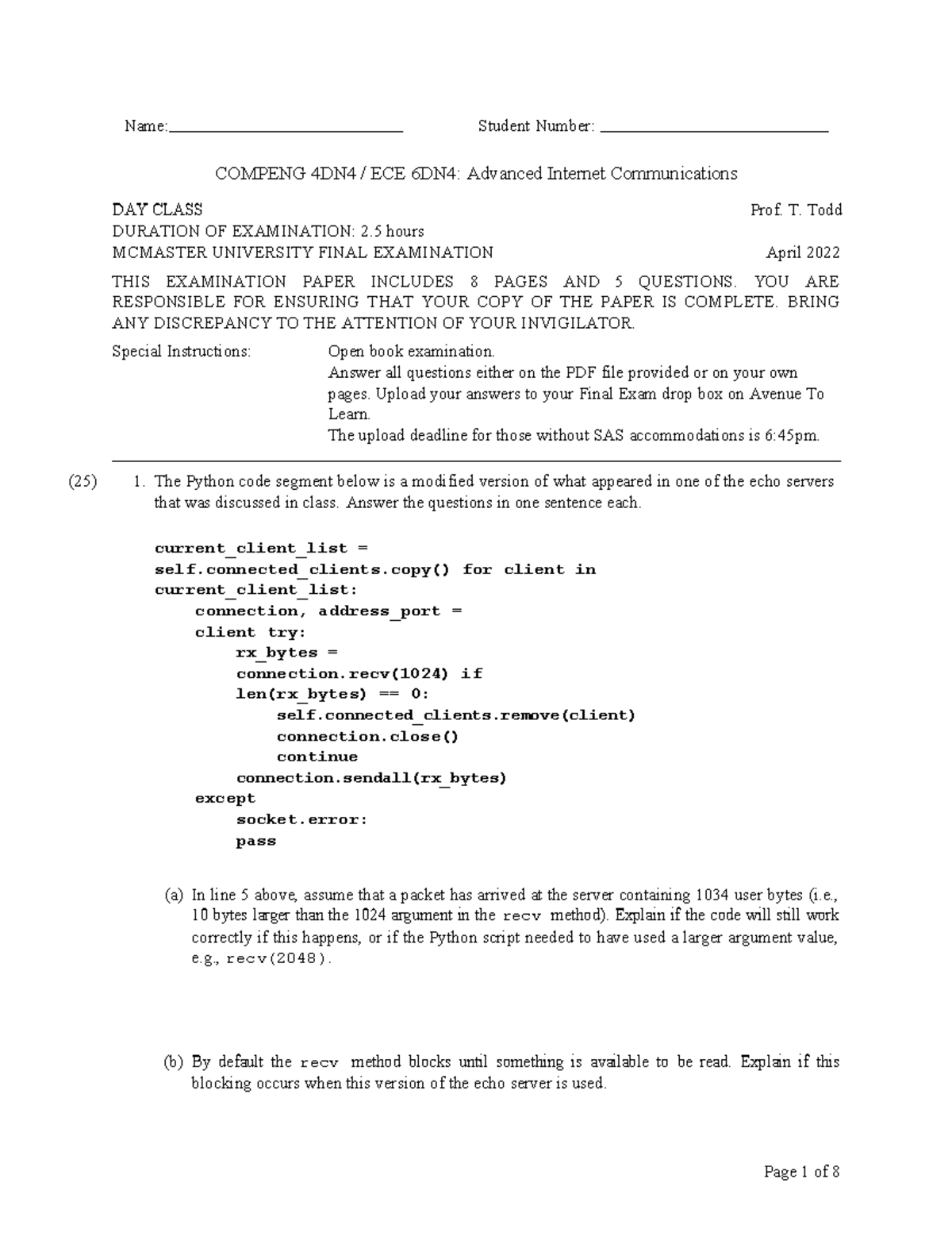Compeng 4dn4 exam 2022 - final exam questions - COMPENG 4DN4 / ECE 6DN4 ...