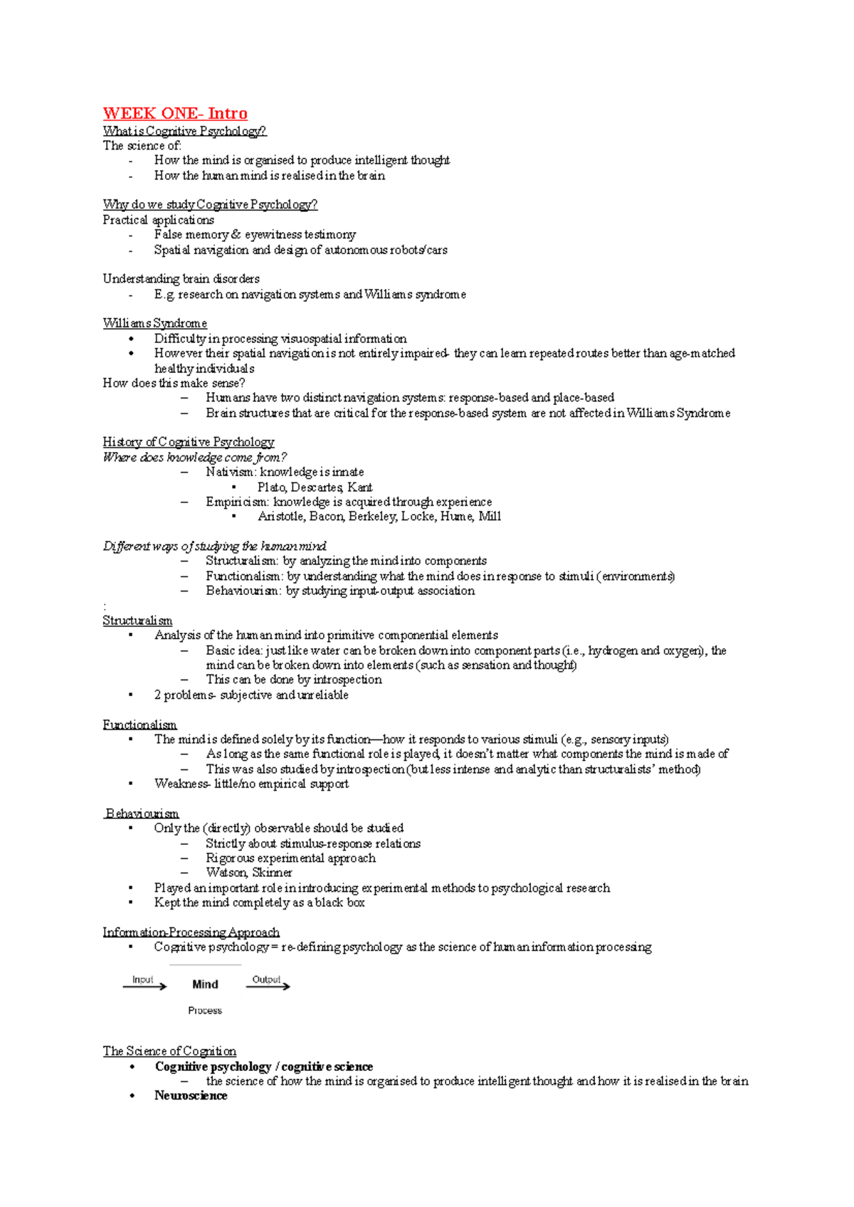 Lec notes - lec noes - WEEK ONE- Intro What is Cognitive Psychology ...