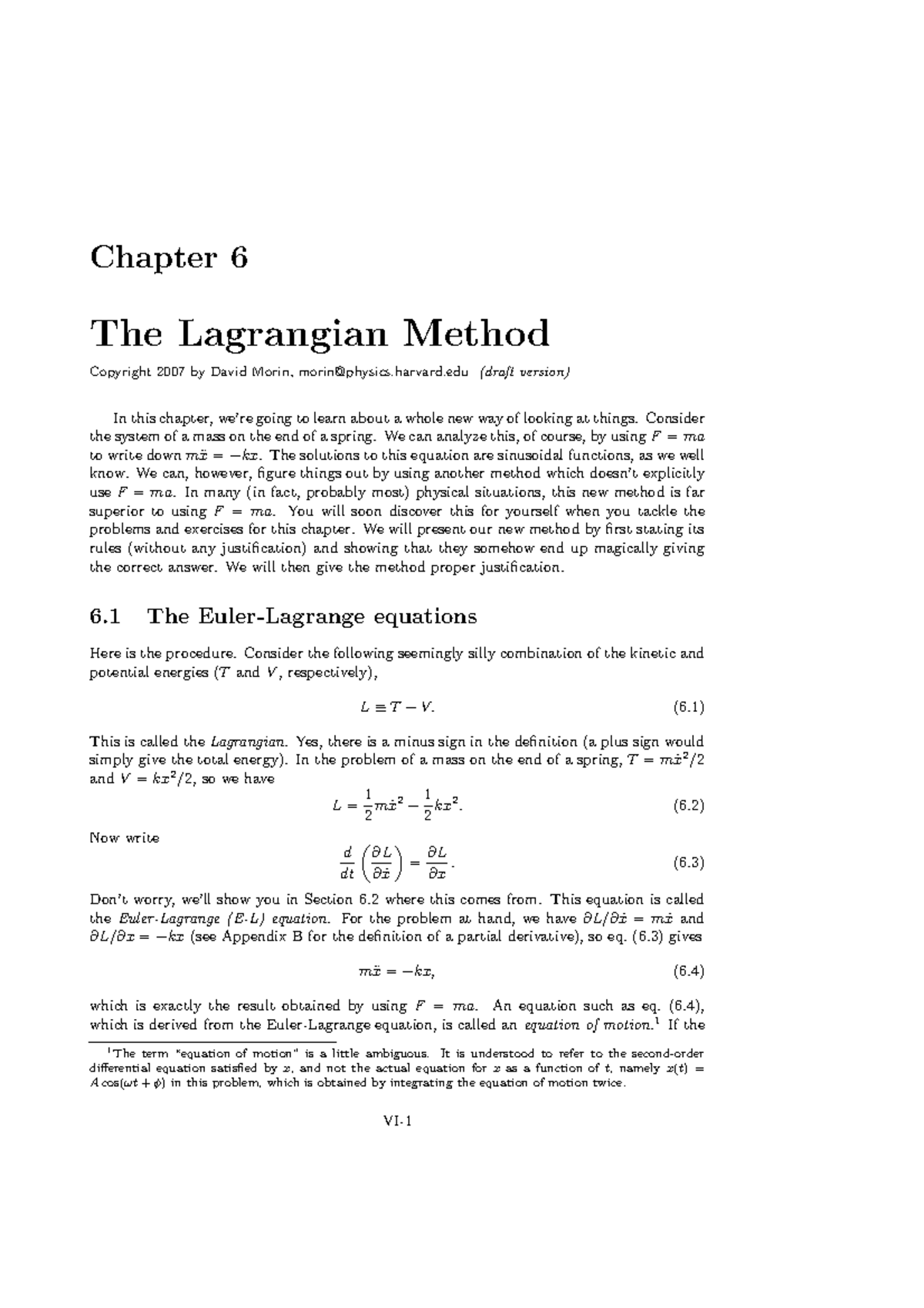 Euler lagranges equation - Chapter 6 The Lagrangian Method Copyright ...