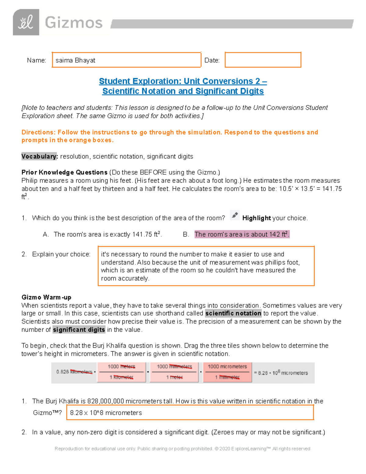 Significant Figures Gizmo Name Saima Bhayat Date Student Exploration Unit Conversions 2 