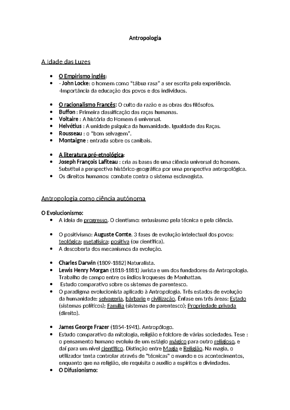 Antropologia resumo pp - Antropologia A Idade das Luzes O Empirismo ...
