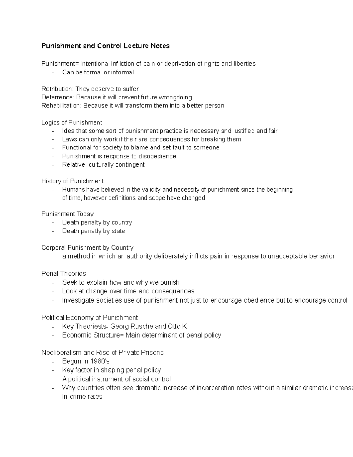 Criminology Lecture Notes 1 - Punishment and Control Lecture Notes ...