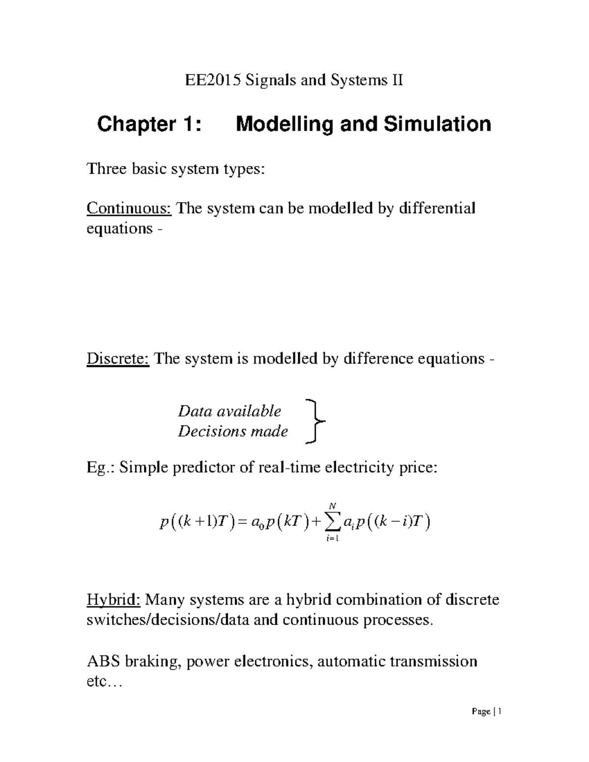 Ch1-modelling and simulation - EE2015 Signals and Systems II Chapter 1 ...