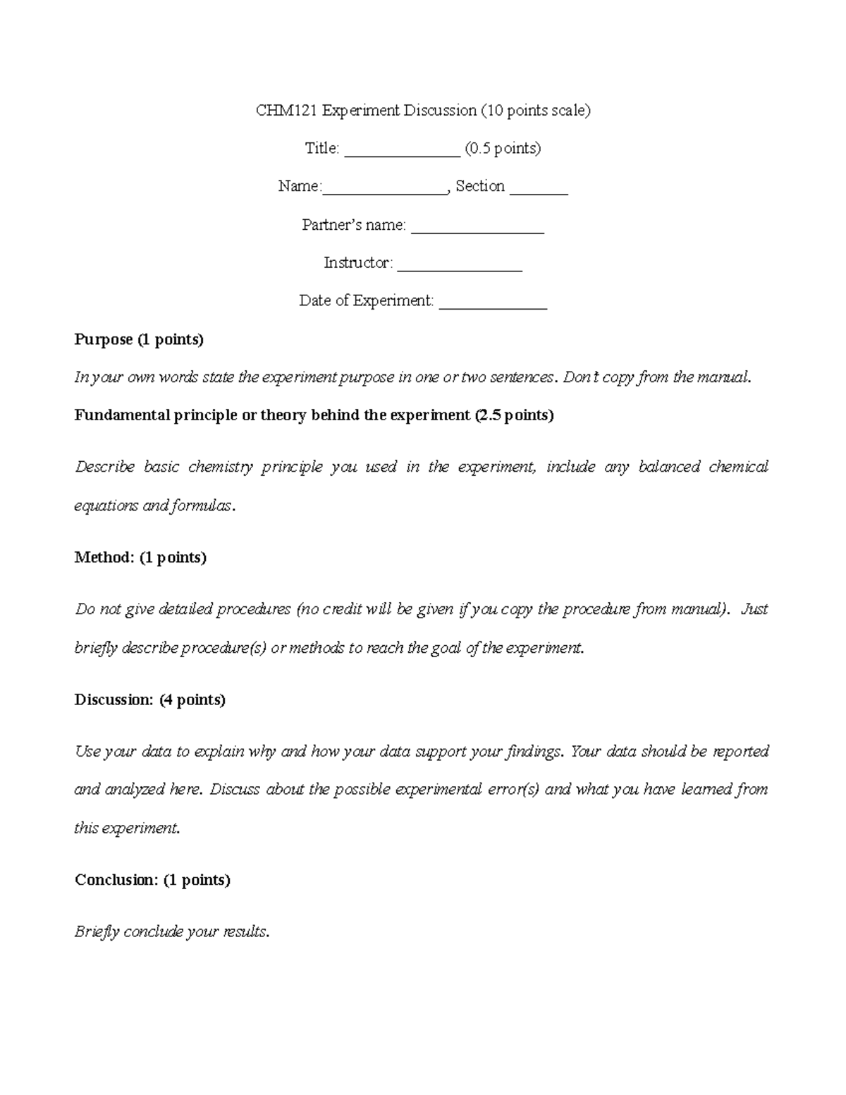 Lab Report Template - CHM121 Experiment Discussion (10 points scale ...