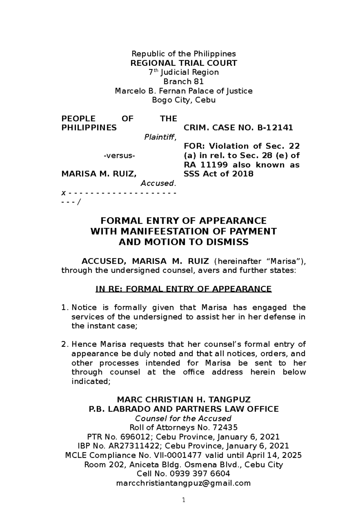 Formal Entry Of Appearance With Manifestation Of Payment And Motion To