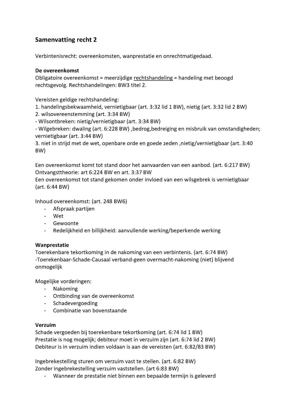 Samenvatting Recht 2: Beknopt - Samenvatting Recht 2 Verbintenisrecht ...