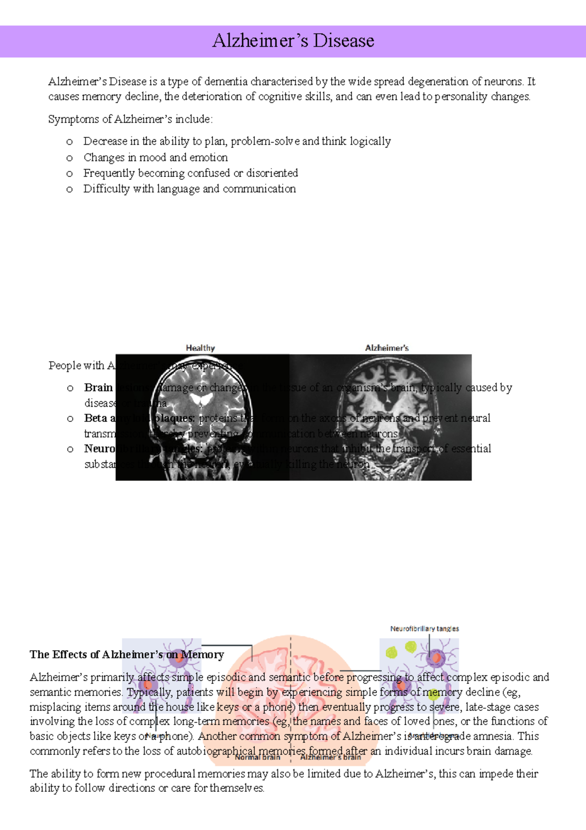 Alzheimers Disease - The Effects of Alzheimer’s on Memory Alzheimer’s ...