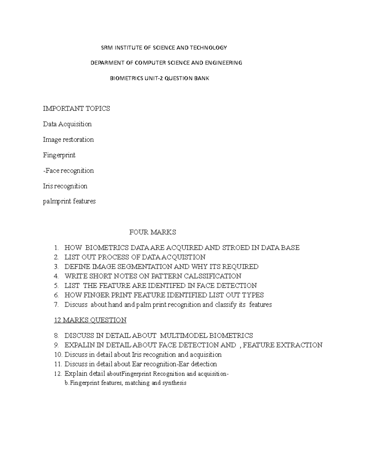 QB 2 Question bank for Biometrics2 SRM INSTITUTE OF SCIENCE AND