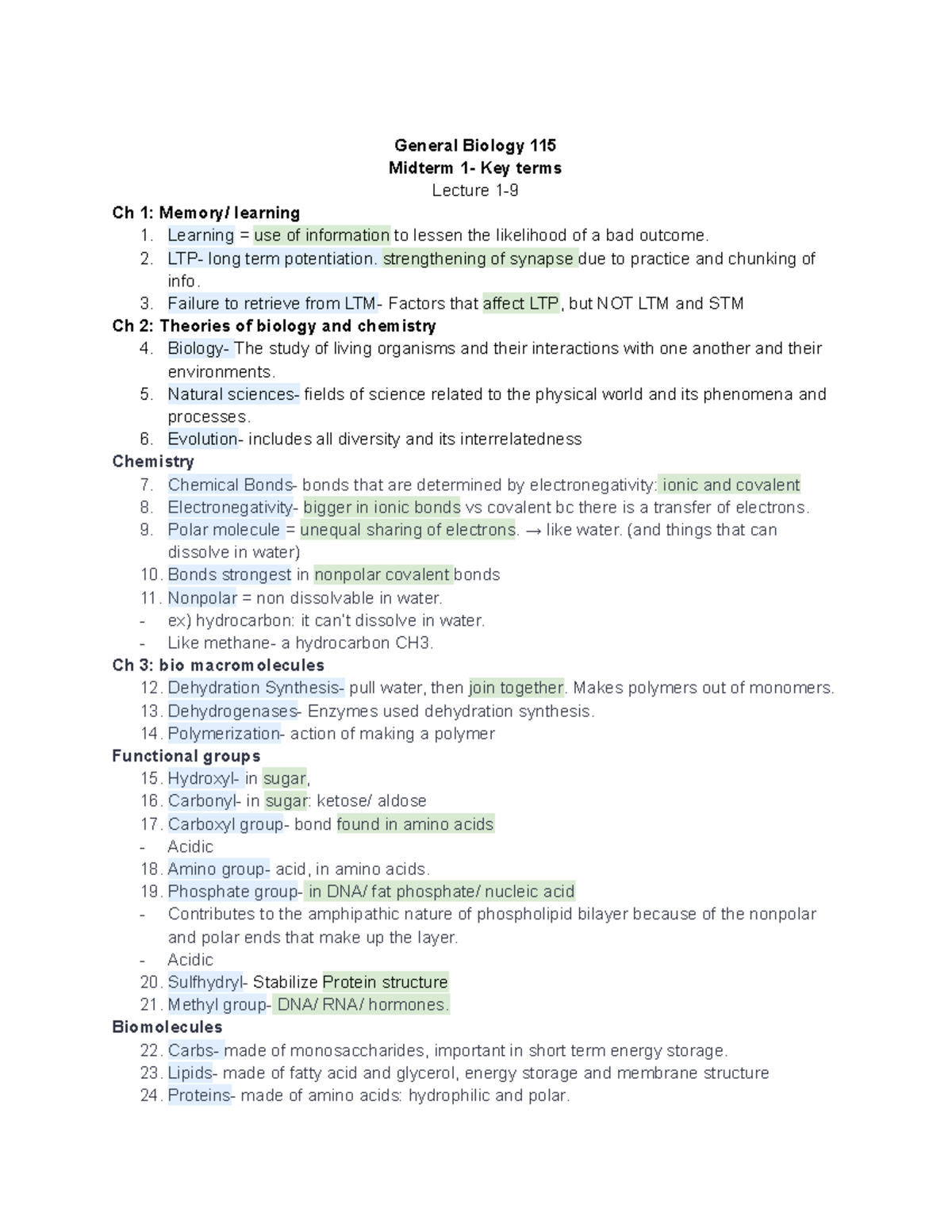 General Biology 115 Midterm 1 Key Terms - General Biology 115 Midterm 1 ...