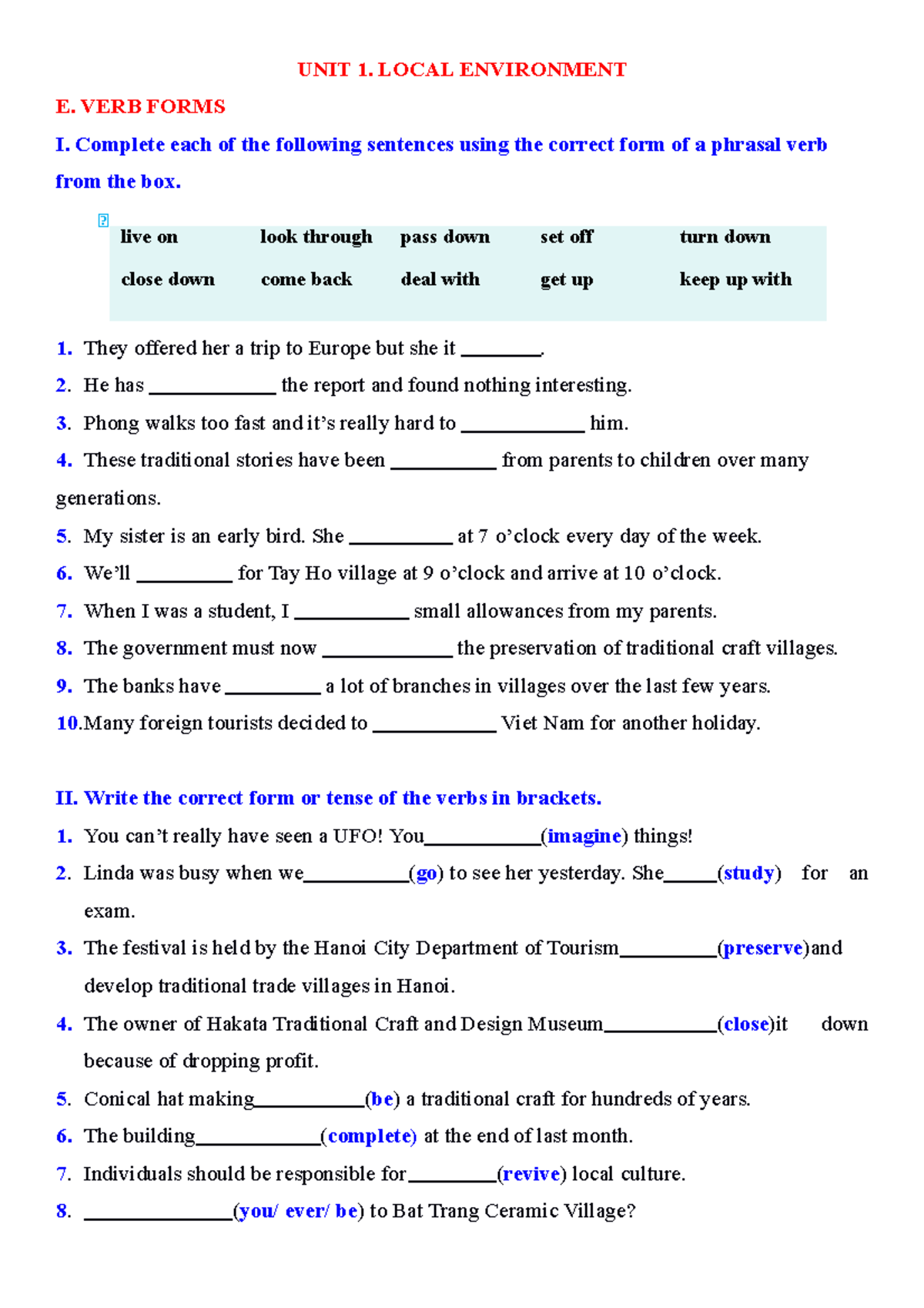 Bài tập Anh 9 theo chuyên đề 5. VERB Forms E9 (UNIT 1-6) N - UNIT 1 ...