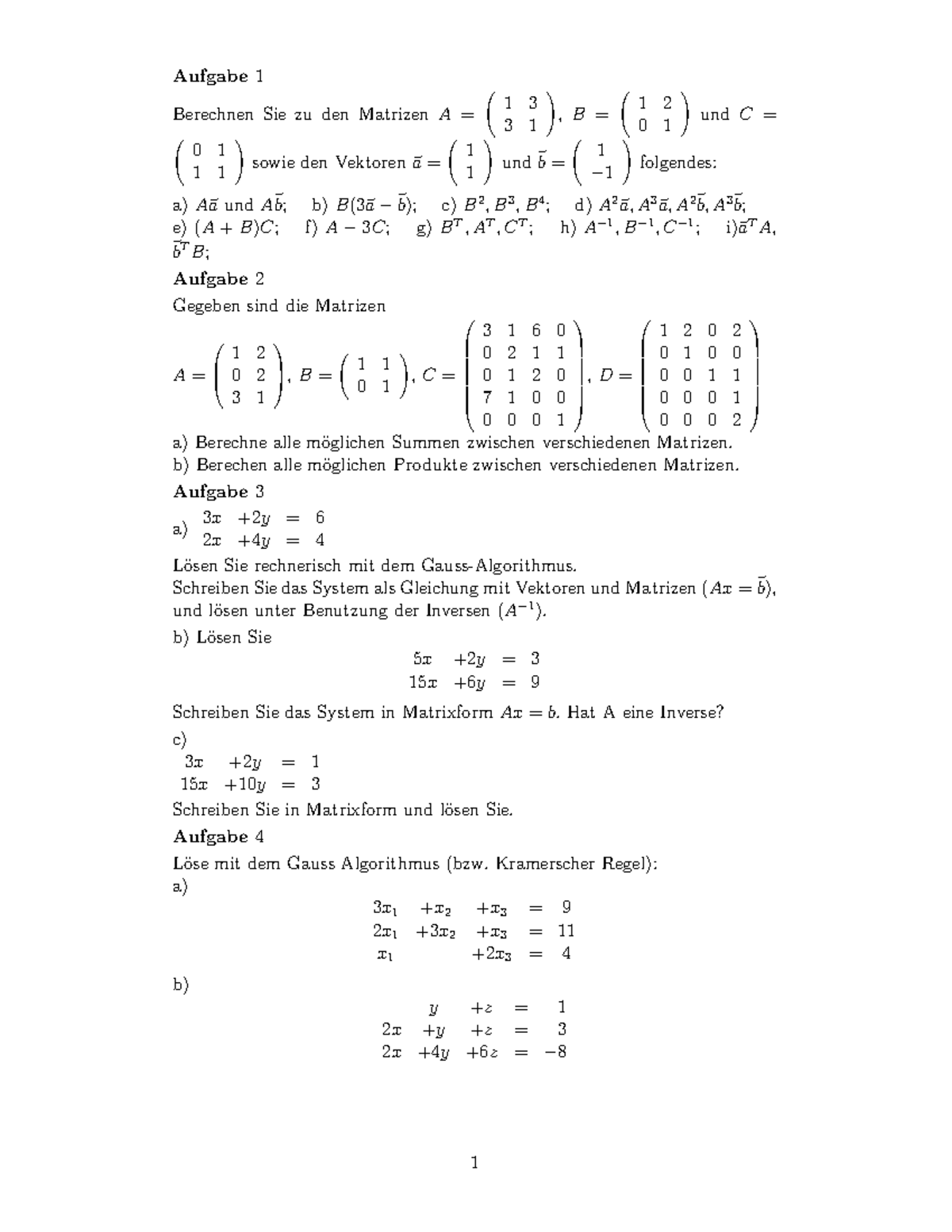 Matrizen Aufgaben Mit Lösungen Pdf Aufgaben Matrix - SoSe 23 - Aufgabe 1 Berechnen Sie zu den Matrizen A