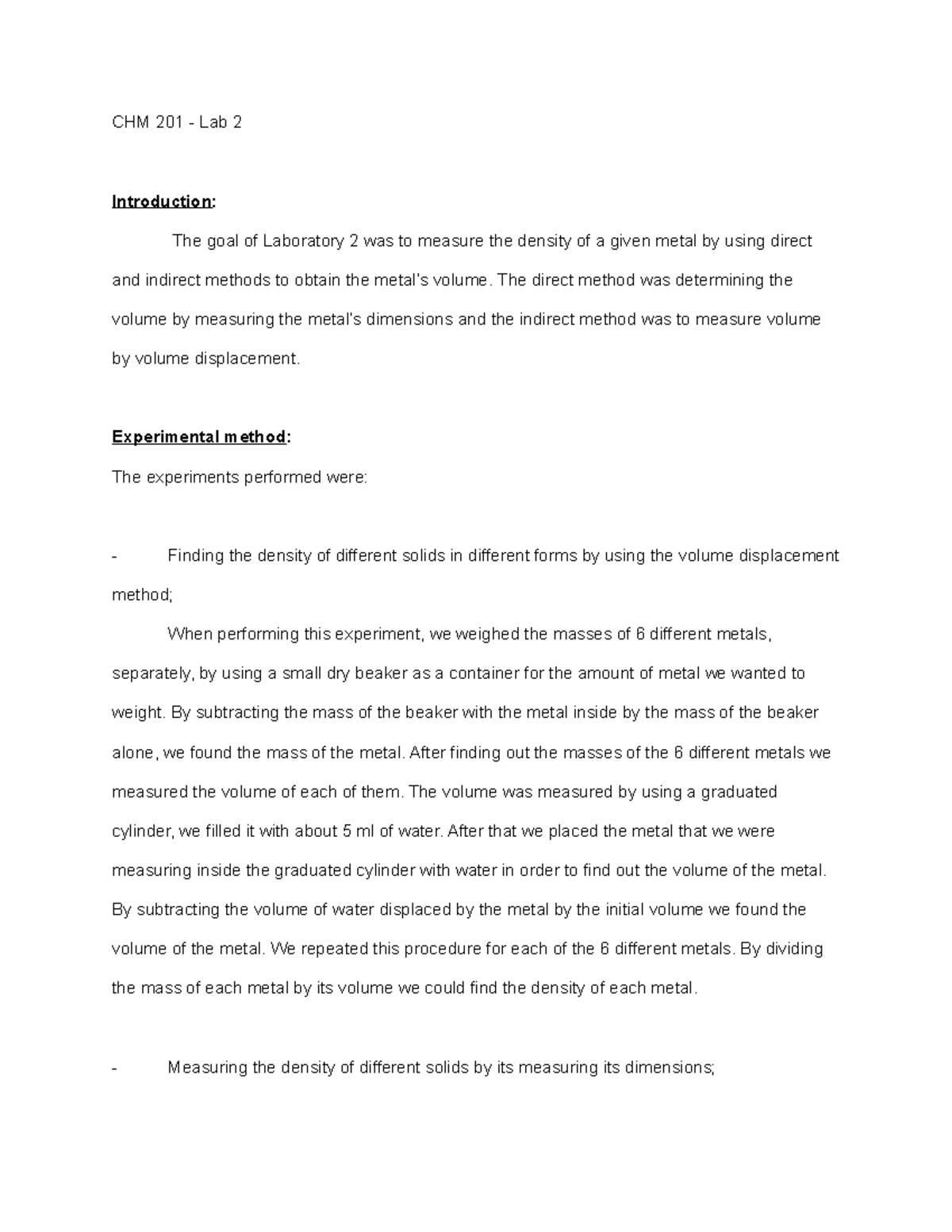LAB Report 2 Density Measurement CHM 201 Lab 2 Introduction The