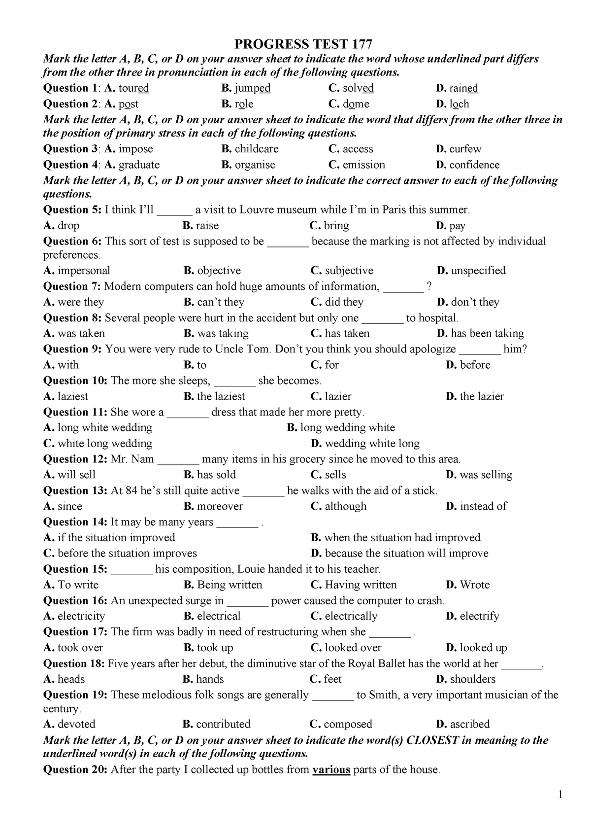 Progress TEST 177 - practice test - PROGRESS TEST 177 Mark the letter A ...