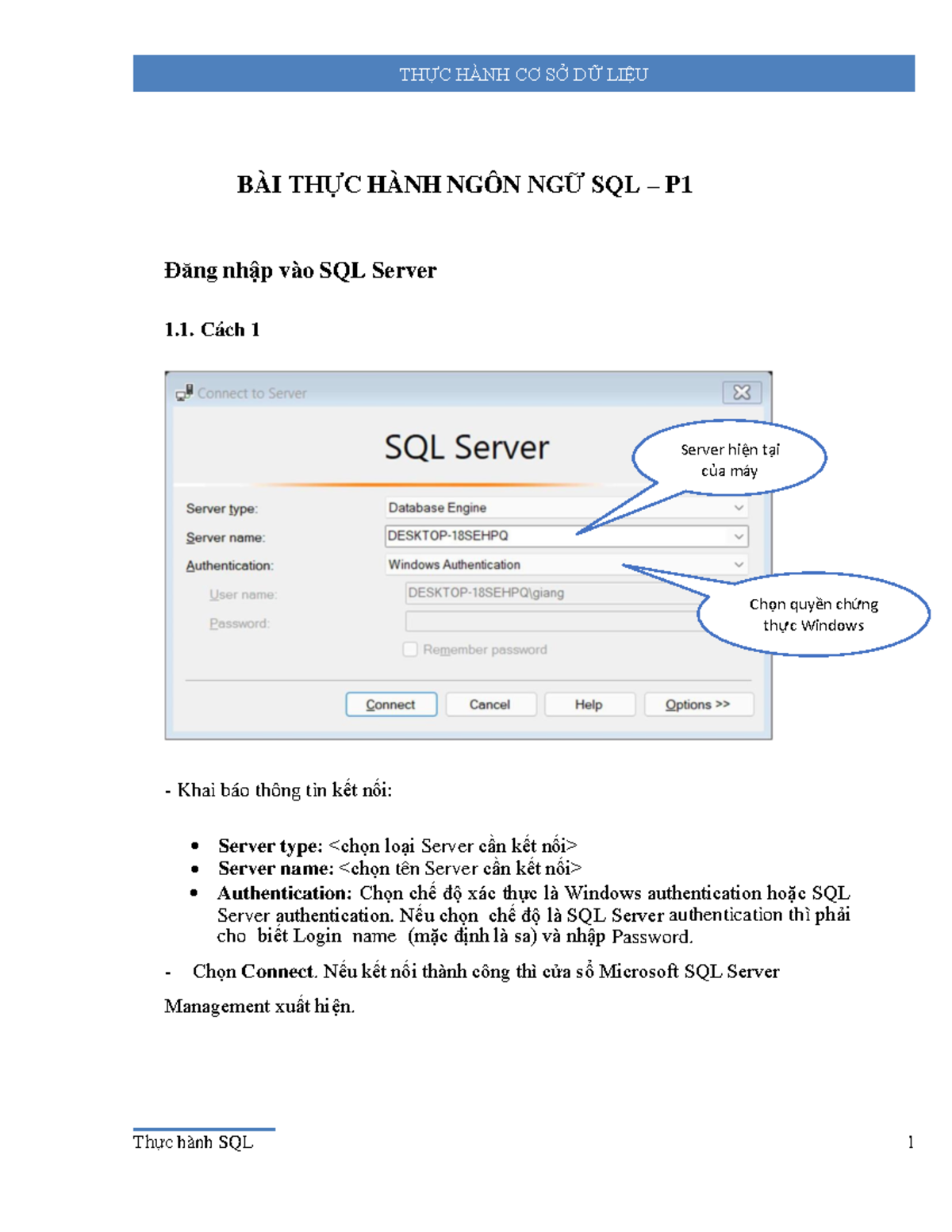 Lab-TH SQL - Thực hành ngôn ngữ SQL - BÀI THỰC HÀNH NGÔN NGỮ SQL – P ...