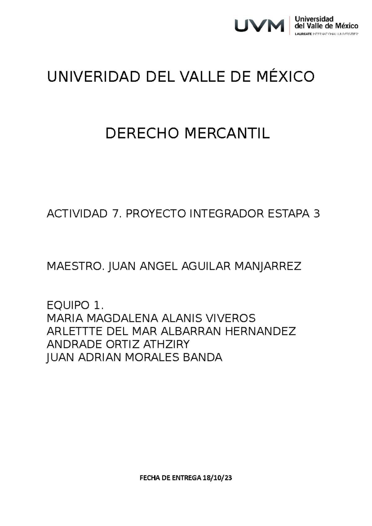 Mercantil Act 7 - UNIVERIDAD DEL VALLE DE MÉXICO DERECHO MERCANTIL ...