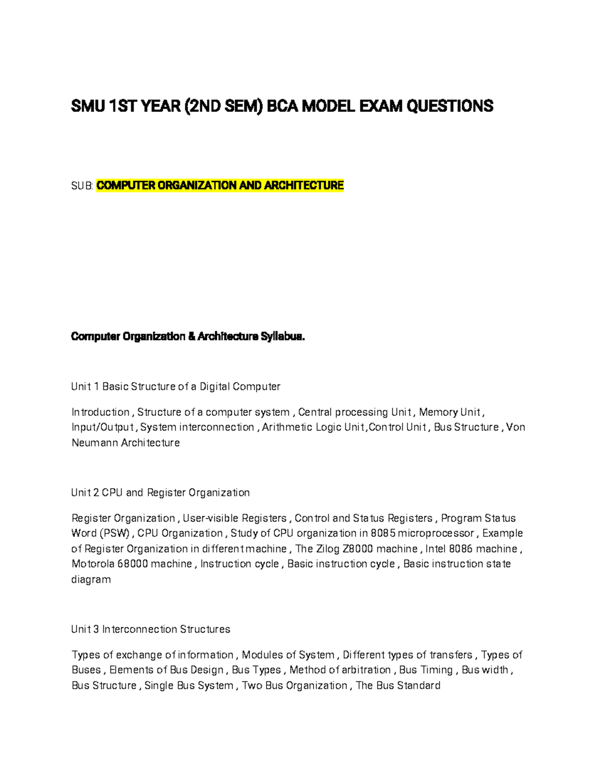 Computer Organization & Architecture 1ST YEAR BCA2ND SEM SMU Model