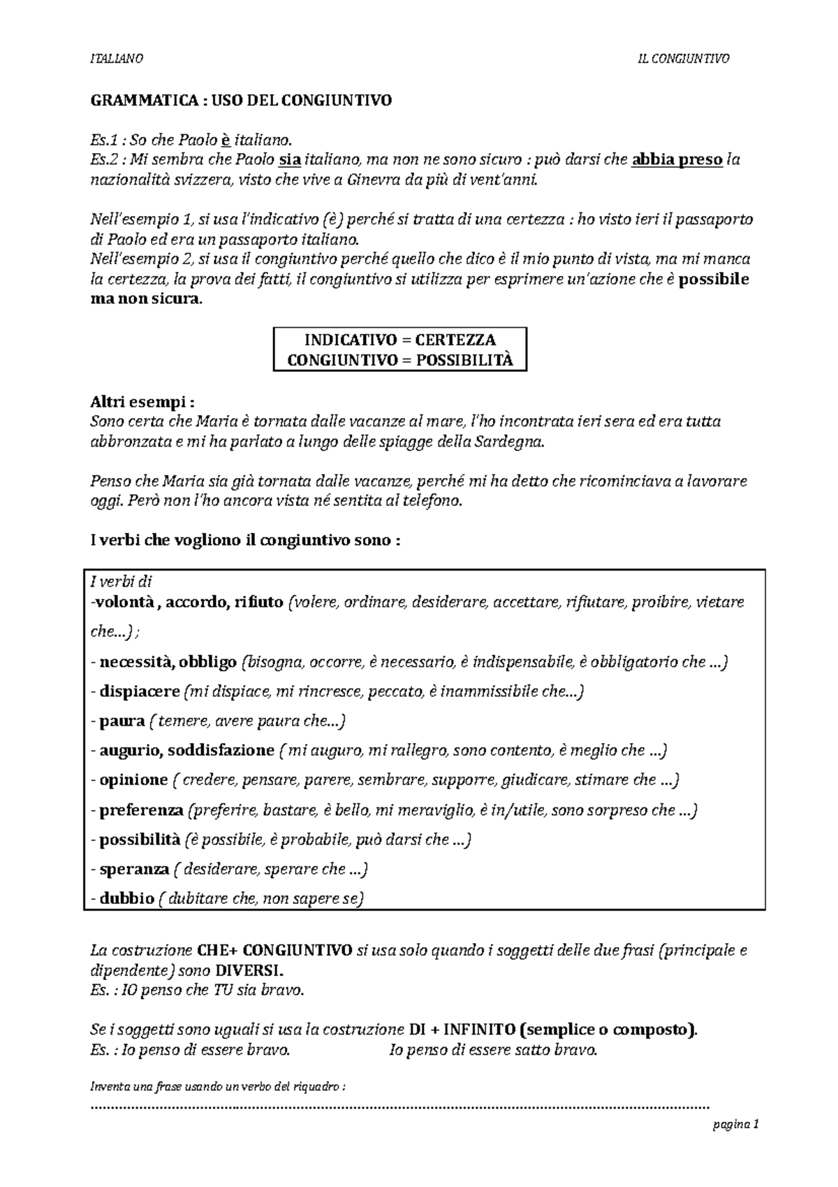 Congiuntivo Résumé cours GRAMMATICA USO DEL CONGIUNTIVO Es So