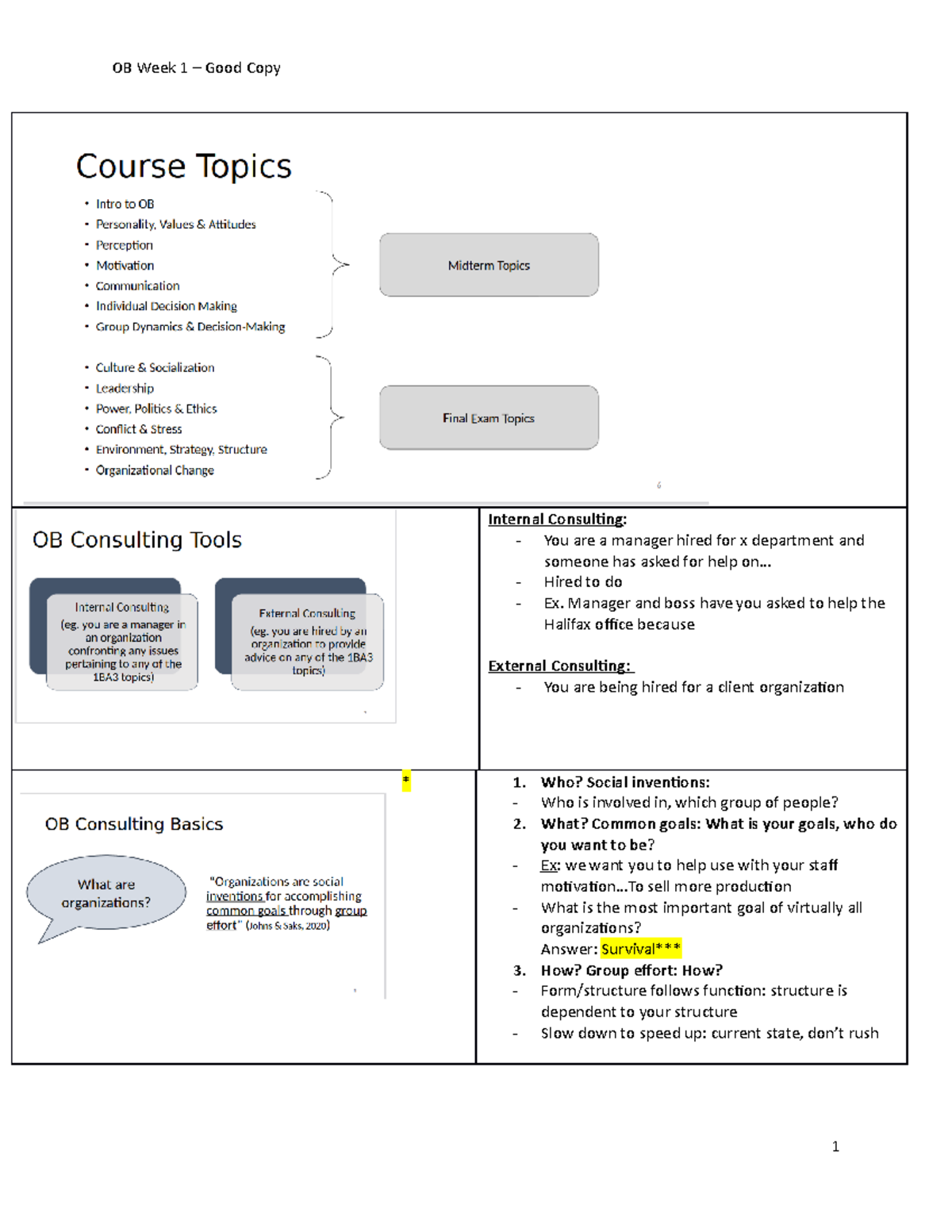 OB Week 1 Good Copy Intro to OB - Internal Consulting: - You are a ...