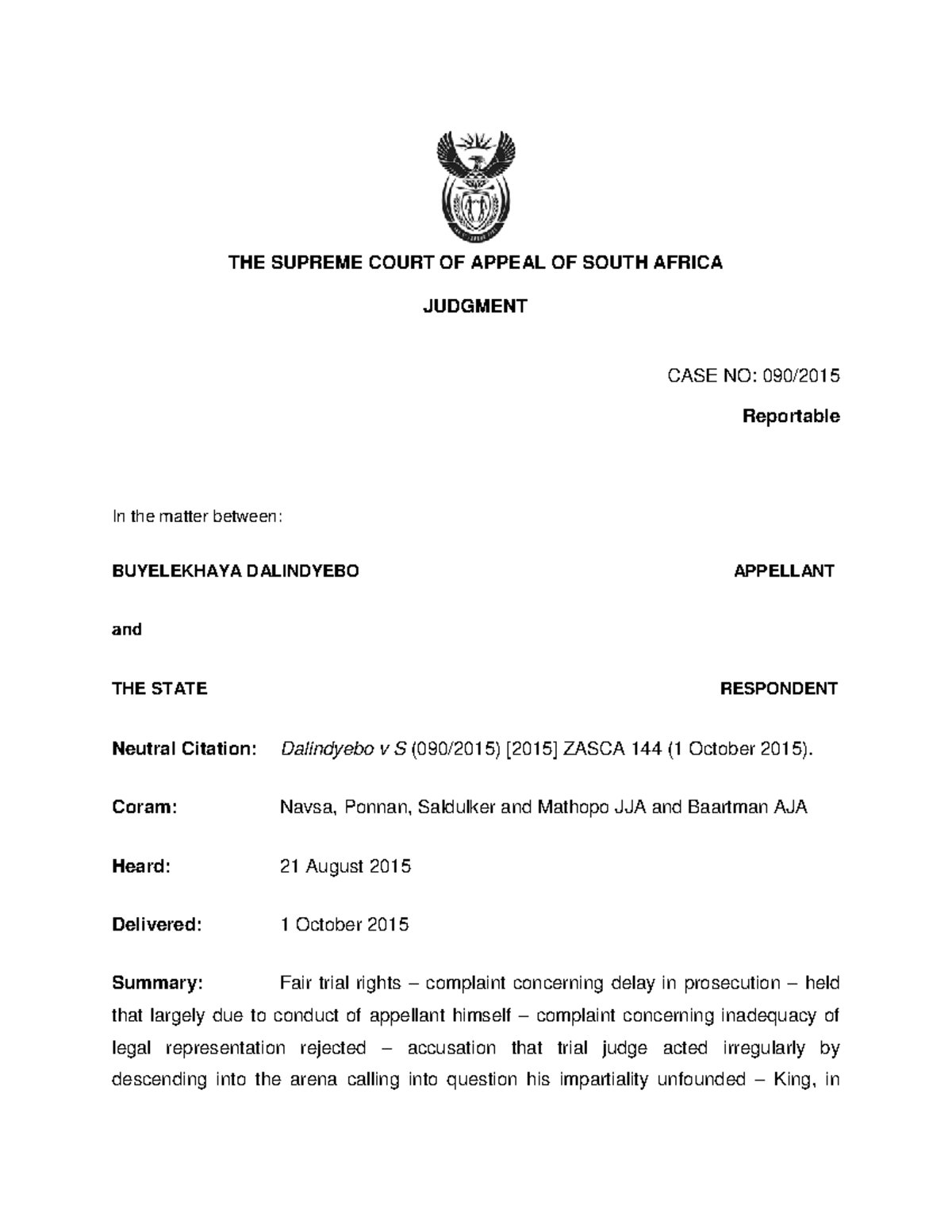 Arson Dalindyebo V S 2015 4 All Sa 689 Sca - The Supreme Court Of 