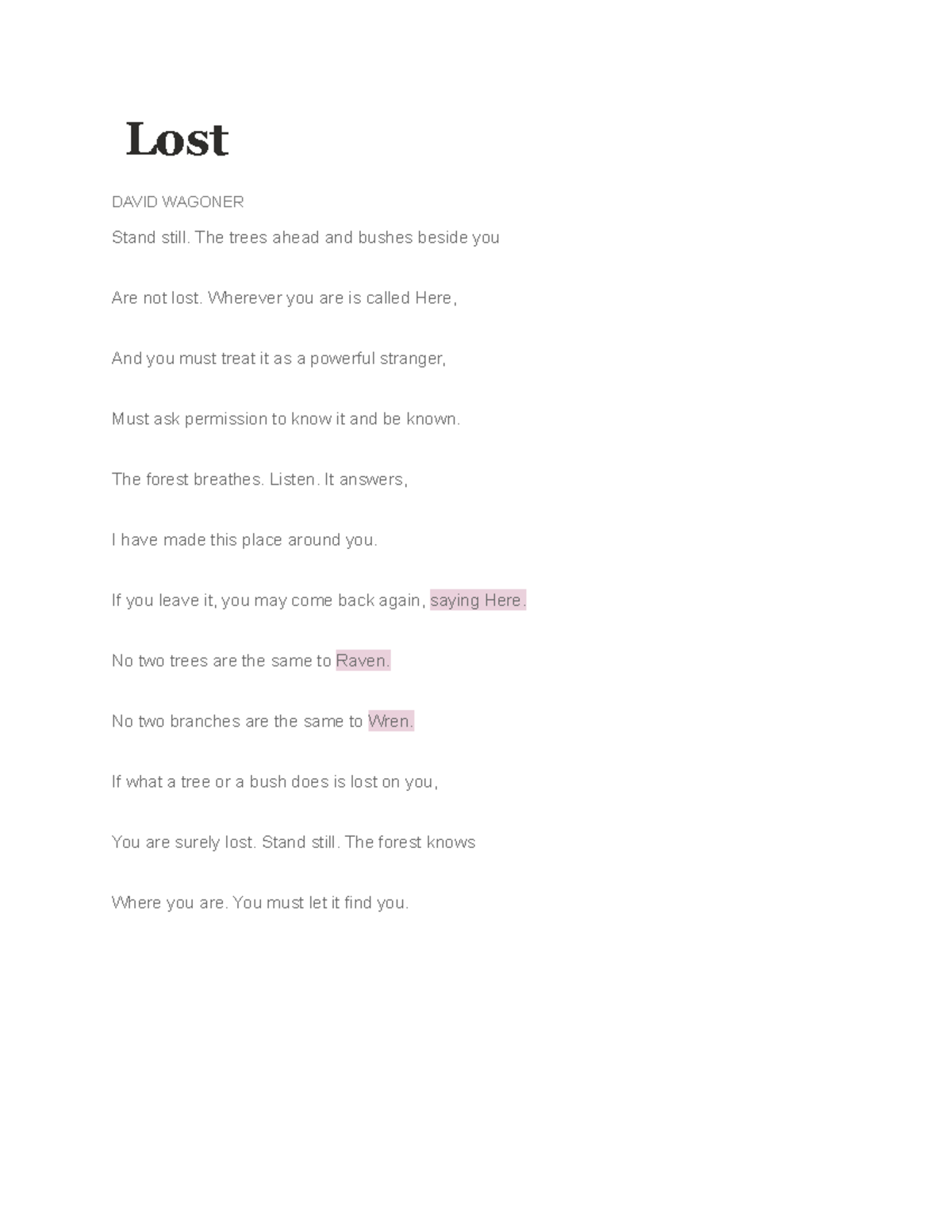 Preliminary English End of course actvity poetry Lost DAVID