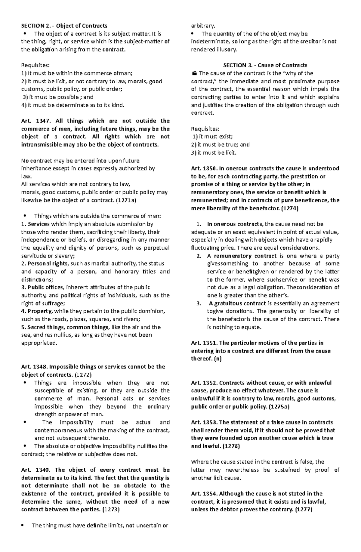 Oblicon Summary - SECTION 2. - Object Of Contracts The Object Of A ...