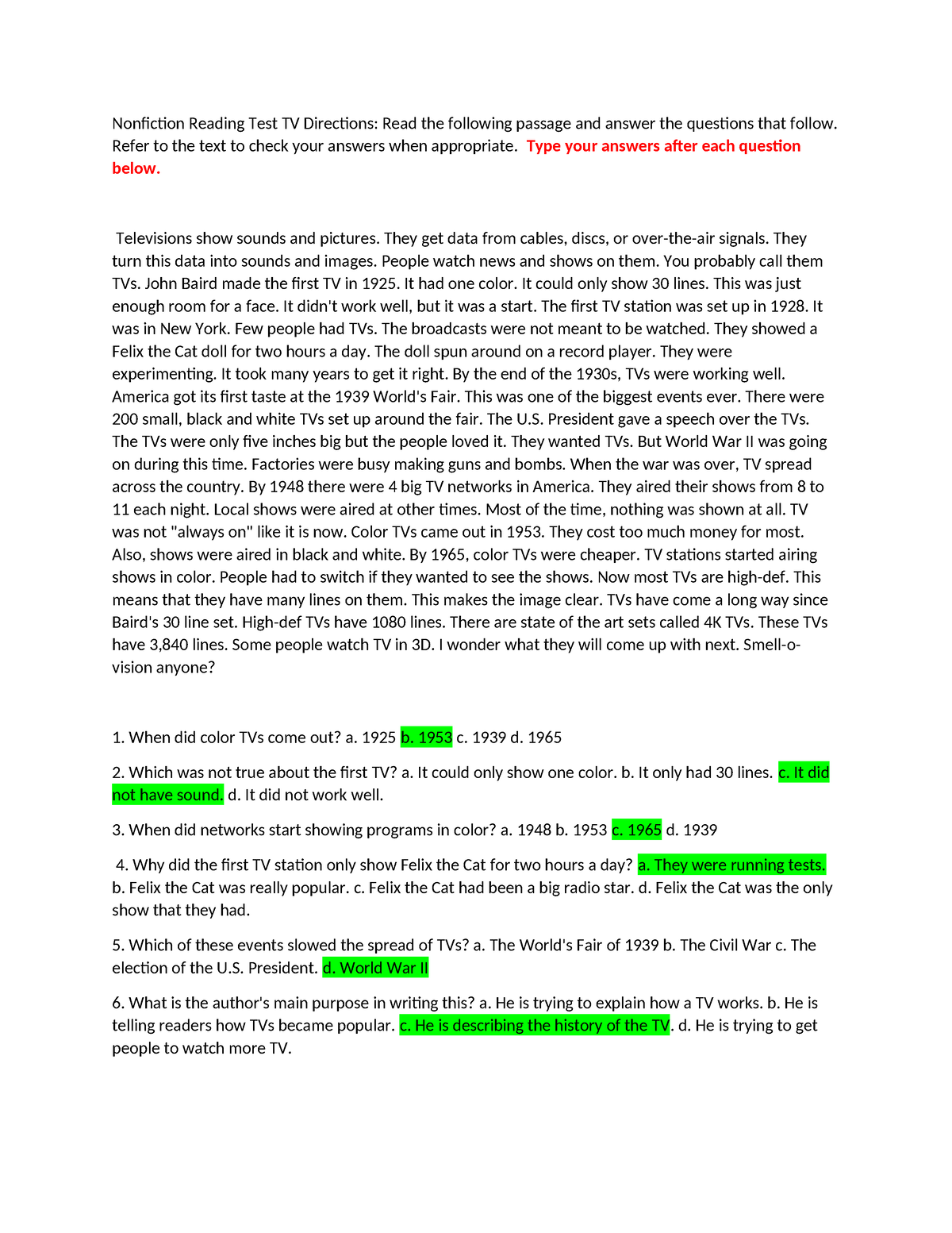 Reading Strategies Worksheet - Nonfiction Reading Test TV Directions ...