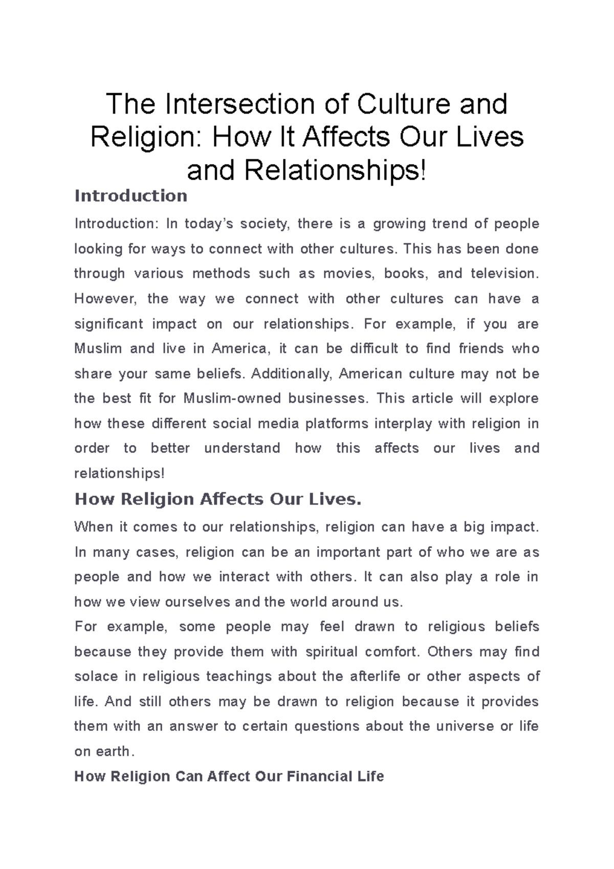 The Intersection of Culture and Religion How It Affects Our Lives and