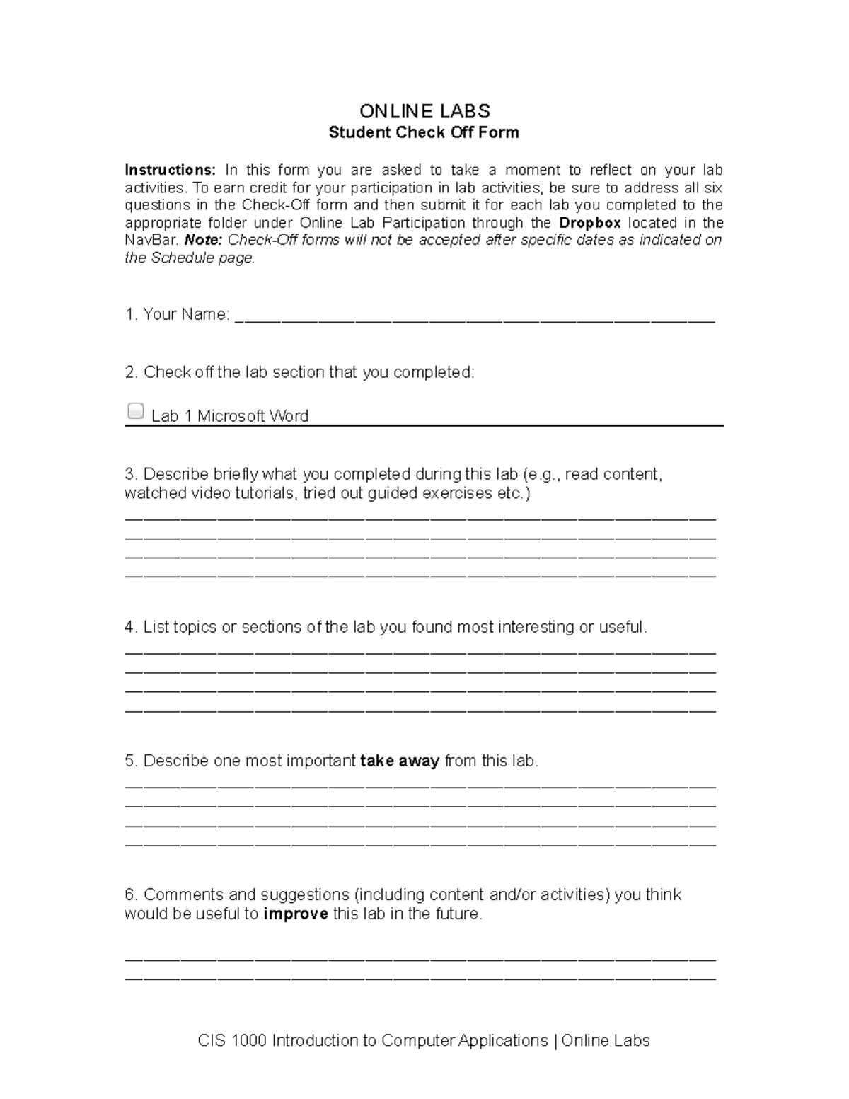 Lab Check Off Form - Template - ONLINE LABS Student Check Off Form ...