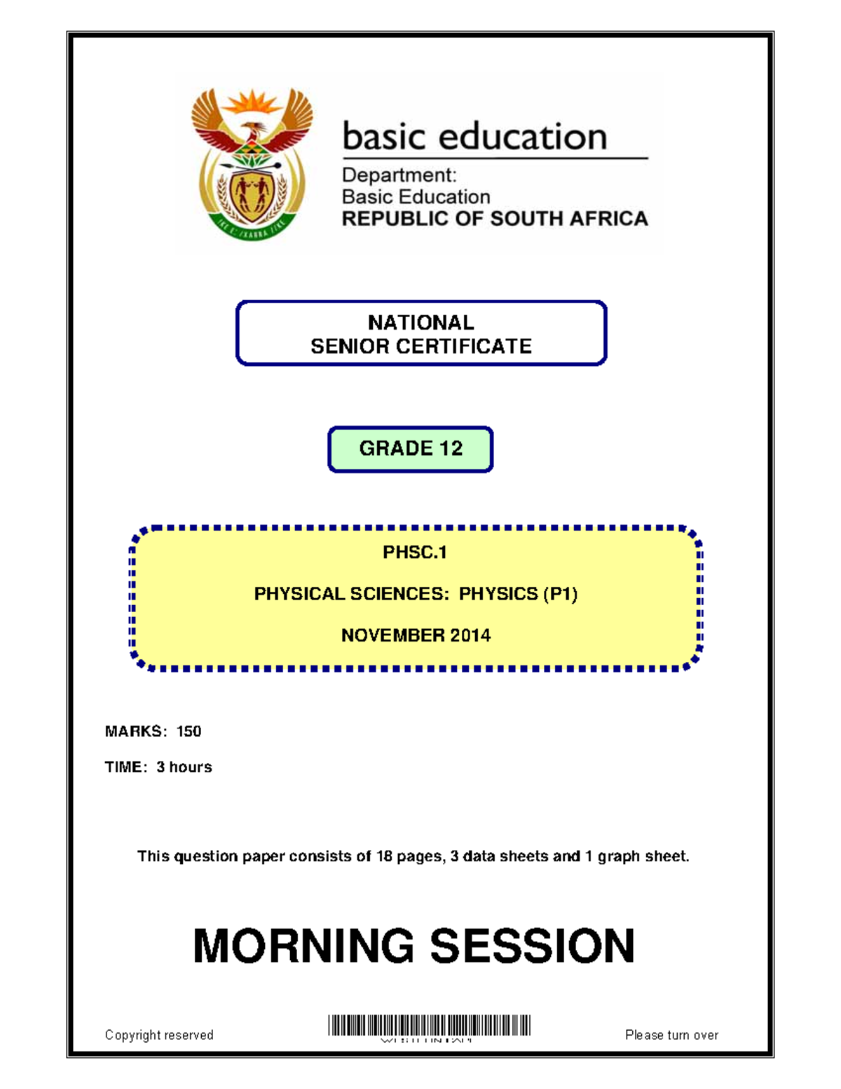 Physical Sciences P1 Study Notes Marks 150 Time 3 Hours This