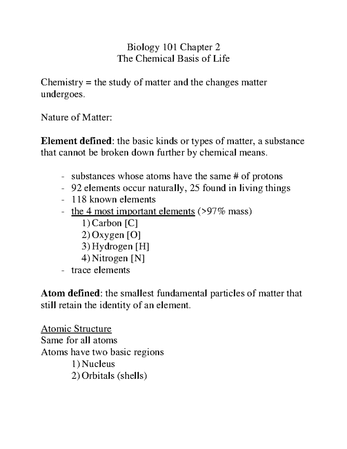 Biology 101 Section 2 The Chemical Basis For Life - Biology 101 Chapter ...