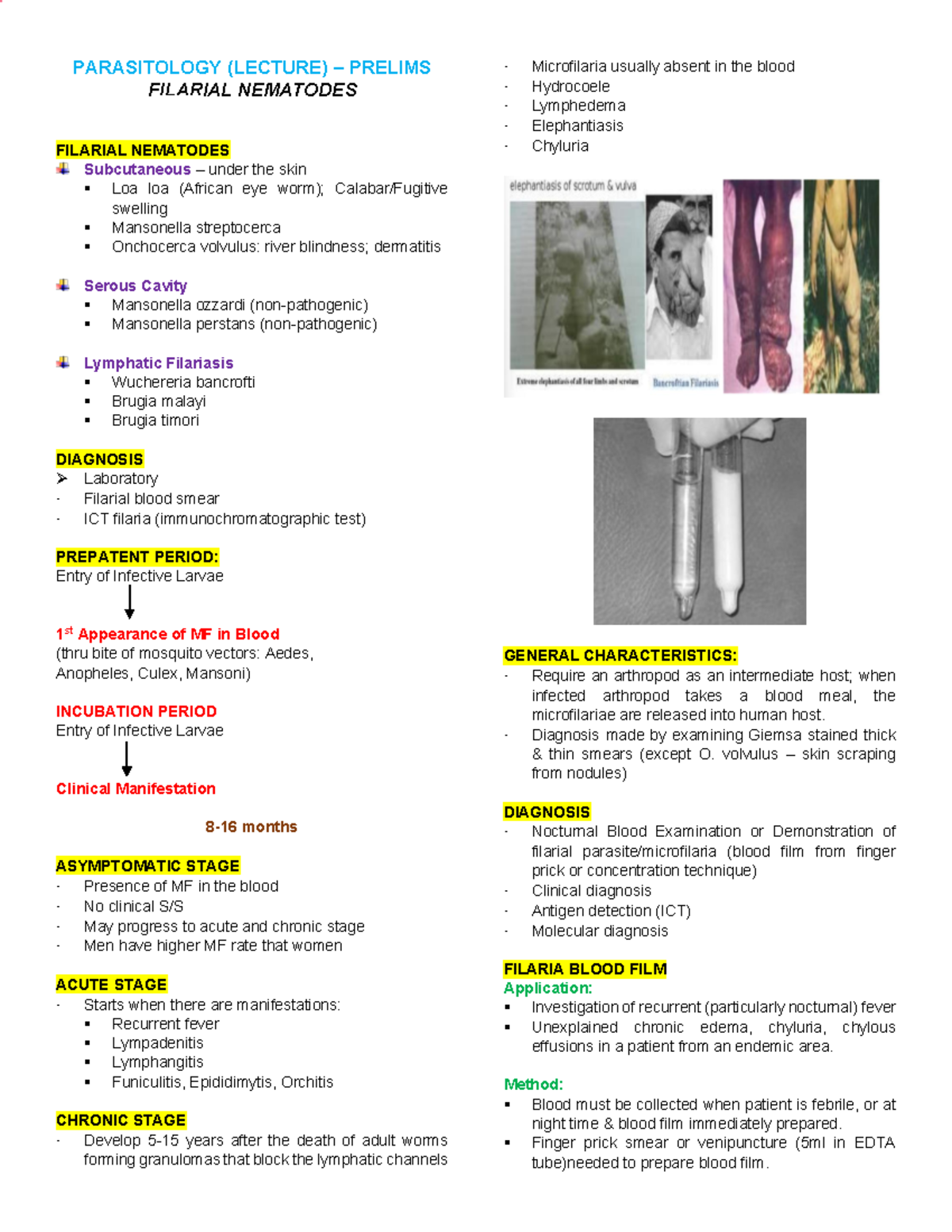 2 - Lec Notes - PARASITOLOGY (LECTURE) – PRELIMS FILARIAL NEMATODES ...