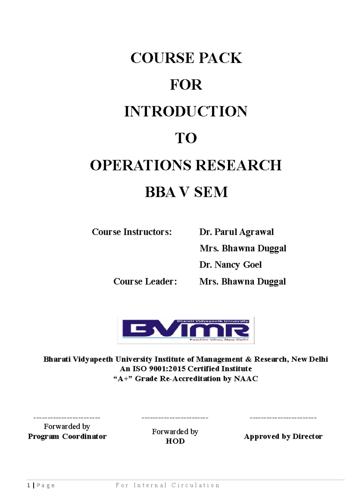 OPERATIONS RESEARCH (BBA 2018-21) Vth SEMESTER - COURSE PACK FOR ...