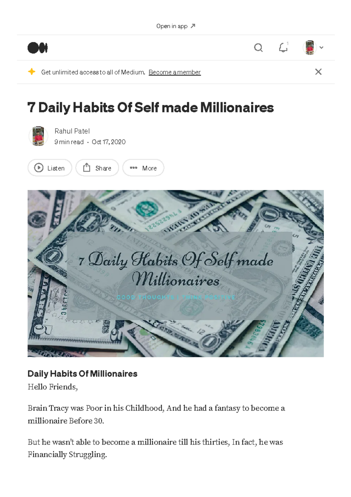 7 Daily Habits Of Self made Millionaires by Rahul Patel Medium - 7 ...