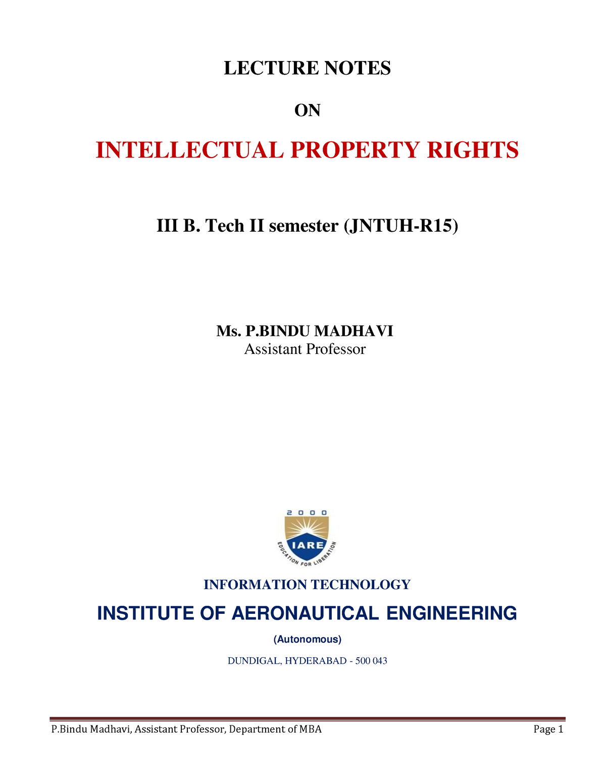 IARE IPR Notes 0 - Good - LECTURE NOTES ON INTELLECTUAL PROPERTY RIGHTS ...