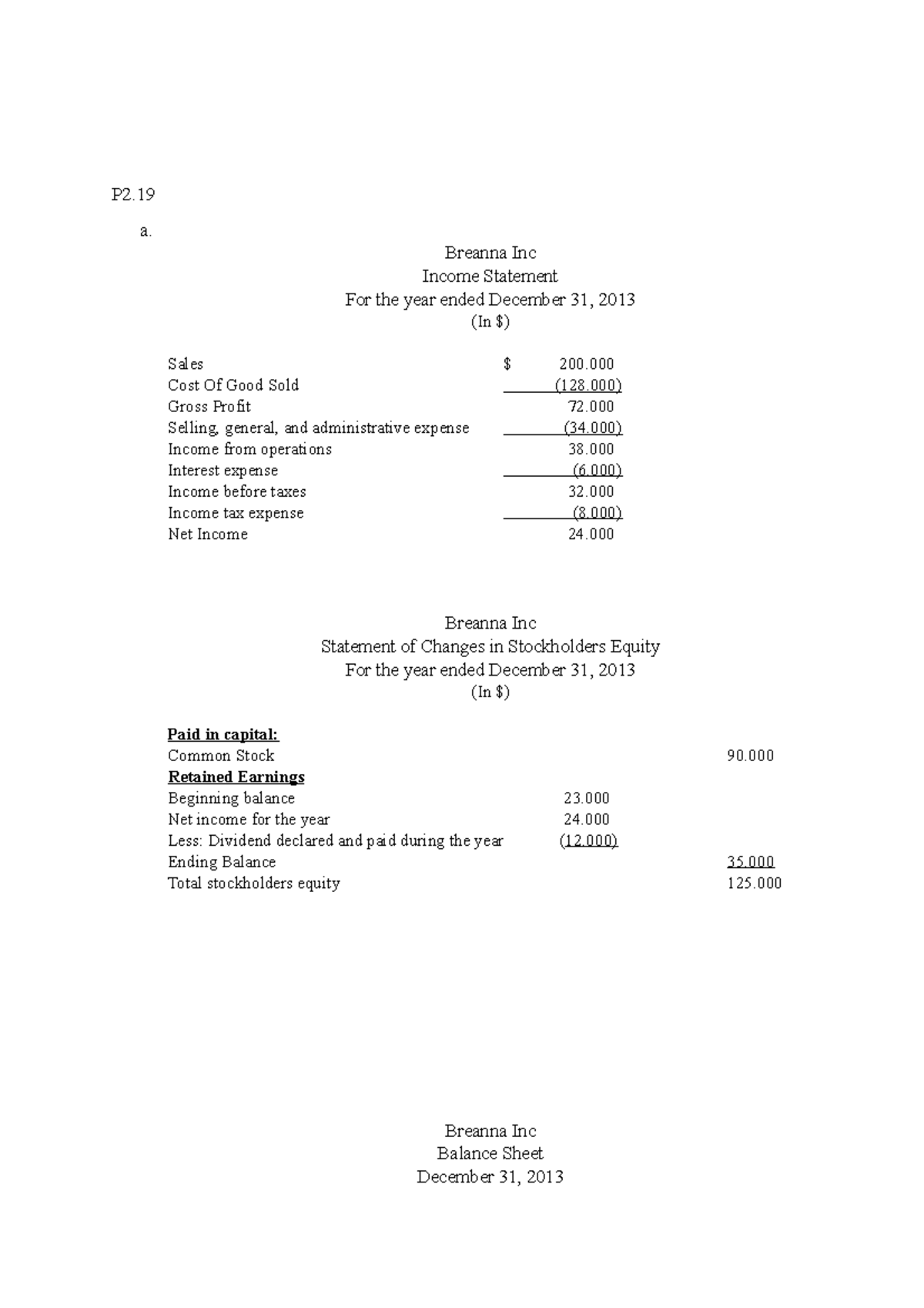 Accounting ch 2 - P2 a. Breanna Inc Income Statement For the year ended ...