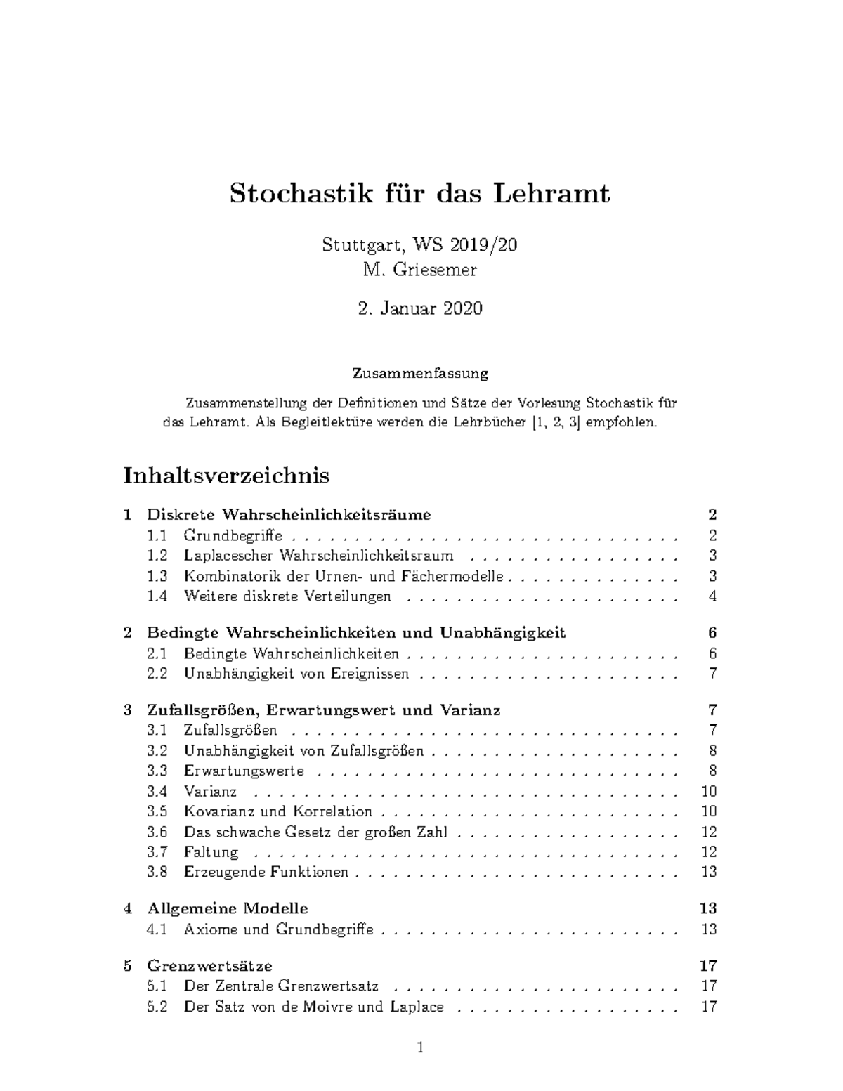 Zusammenfassung Stochastik-Teil - Stochastik F ̈ Ur Das Lehramt ...