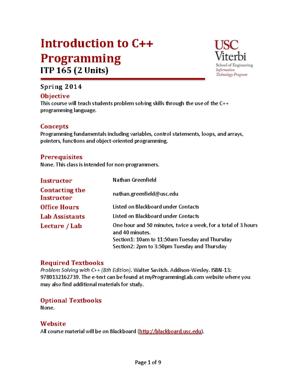 C++ course outline - Introduction to C++ Programming ITP 165 (2 Units ...