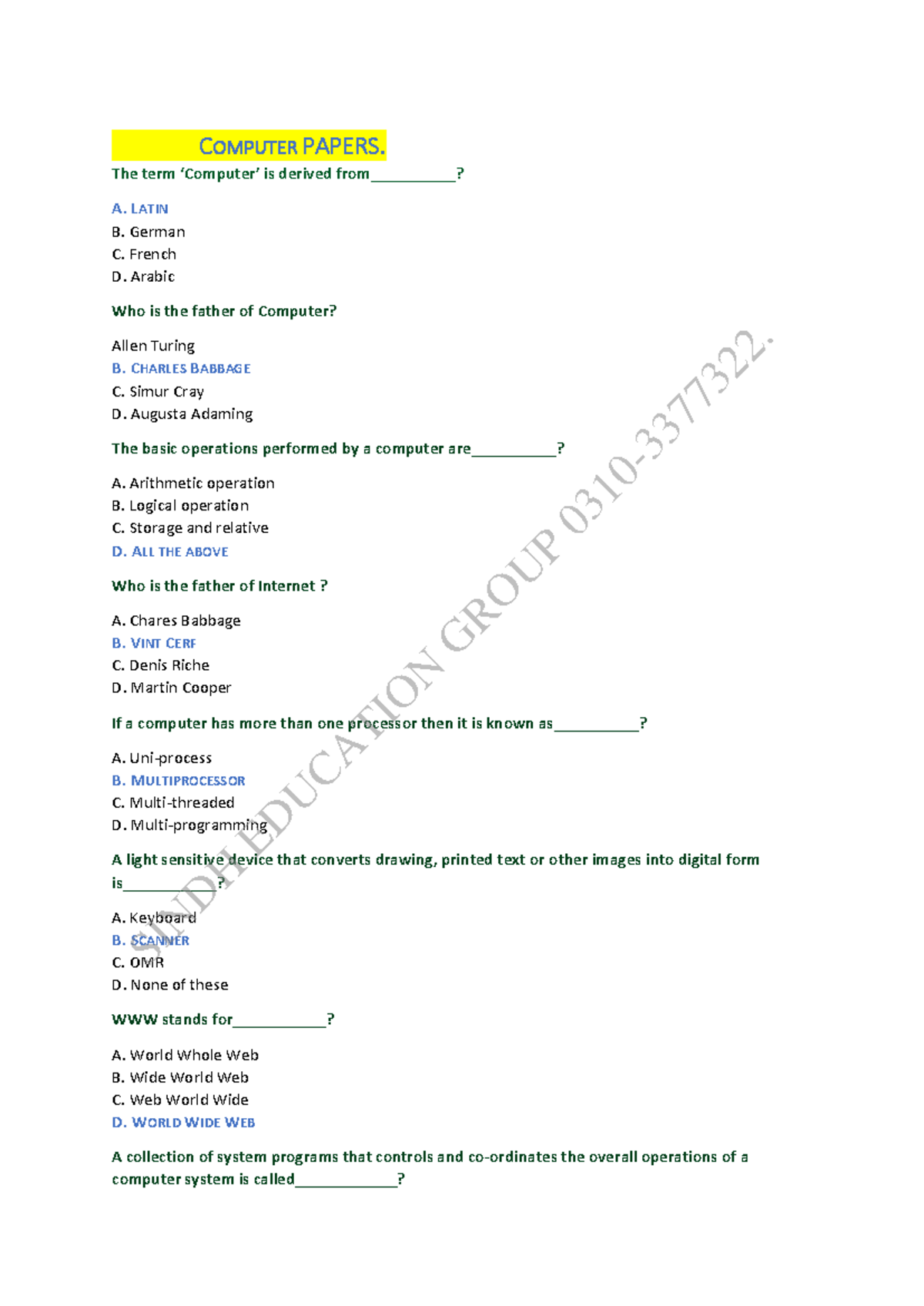 All In One Computer Mcqs - COMPUTER PAPERS. The term ‘Computer’ is ...