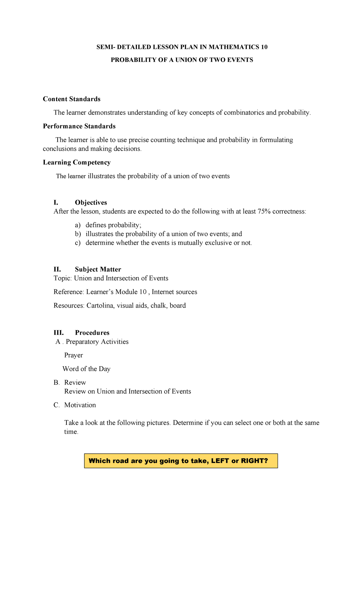 Probability of a union of two events - SEMI- DETAILED LESSON PLAN IN ...