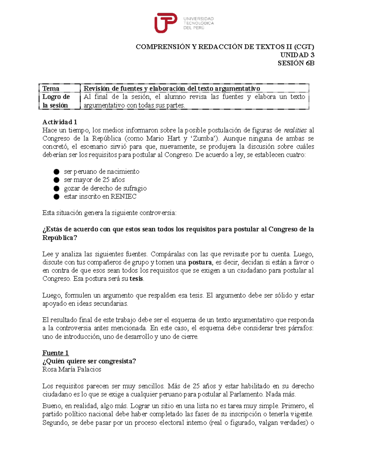 U3 S6 Texto Argumentativo (requisitos Congreso) B - COMPRENSIÓN Y ...