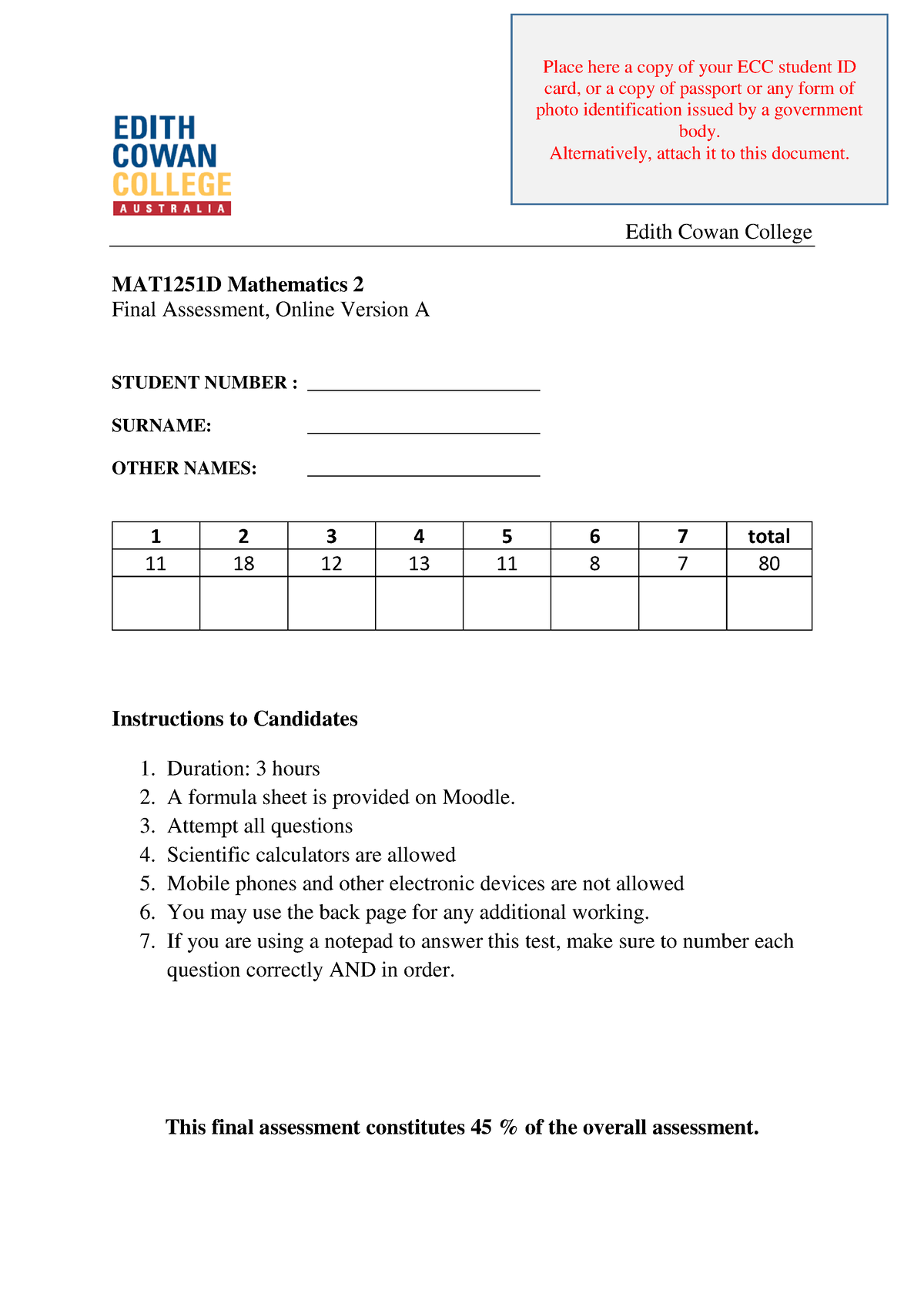 2021-03 MAT1251D Final Assessment - Edith Cowan College MAT1251D ...